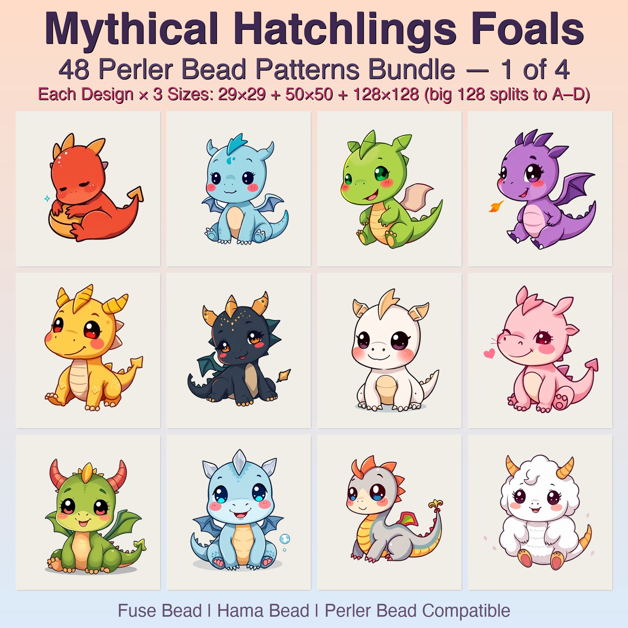 Mythical Hatchlings Foals Perler Bead Patterns, 48 Designs x 3 Grid Sizes (29x29 + 50x50 + 128x128), Fuse Bead PDF Digital Download