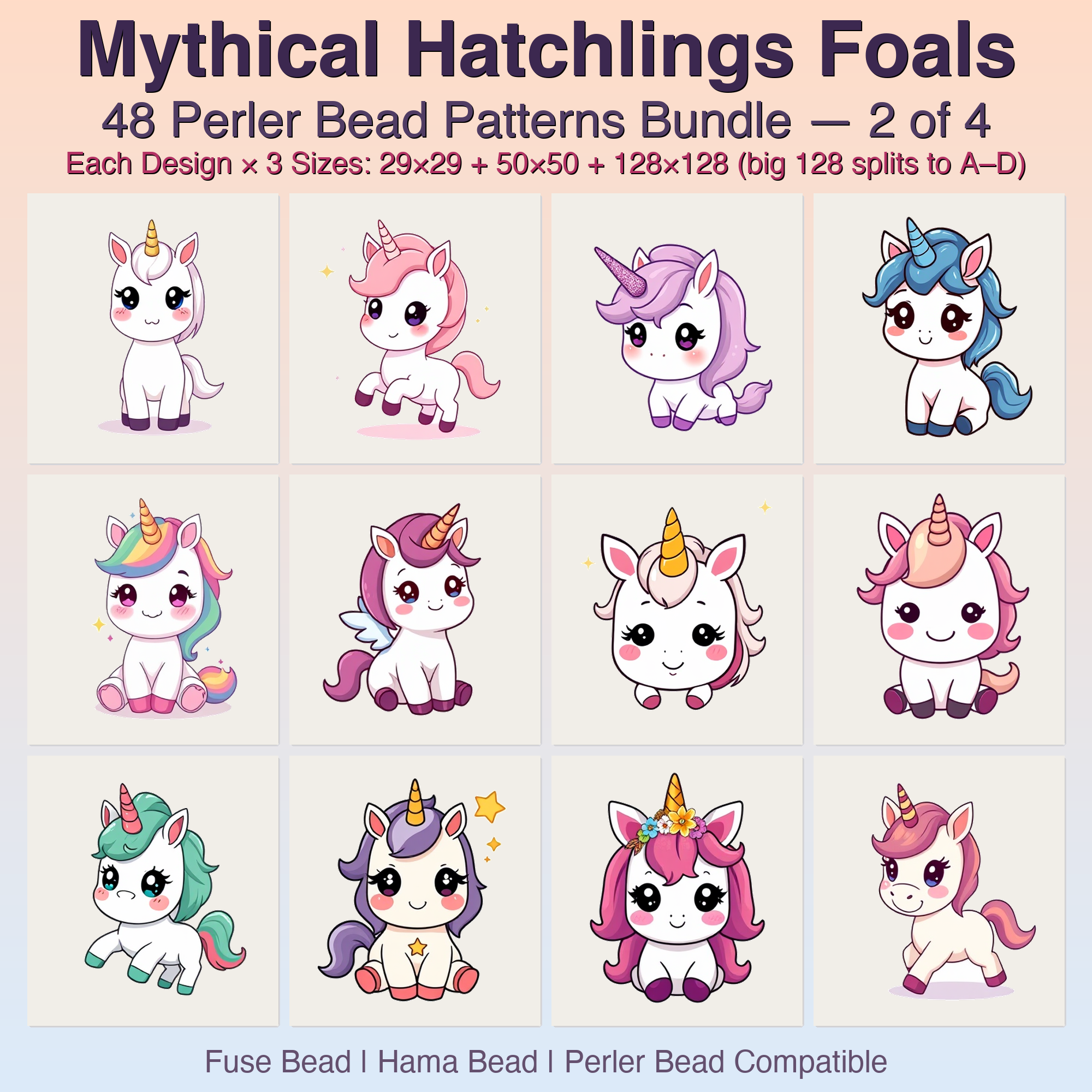 Mythical Hatchlings Foals Perler Bead Patterns, 48 Designs x 3 Grid Sizes (29x29 + 50x50 + 128x128), Fuse Bead PDF Digital Download