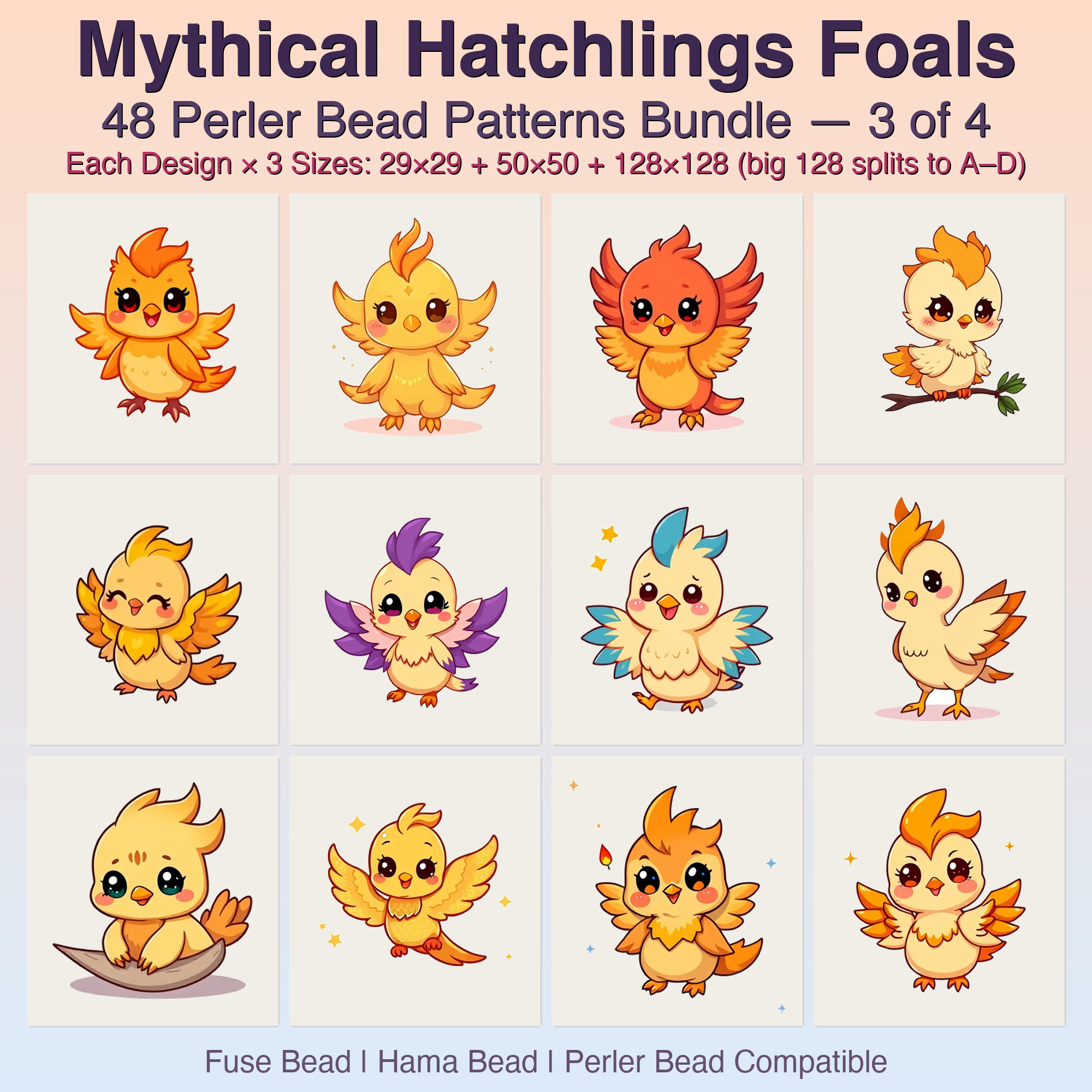 Mythical Hatchlings Foals Perler Bead Patterns, 48 Designs x 3 Grid Sizes (29x29 + 50x50 + 128x128), Fuse Bead PDF Digital Download