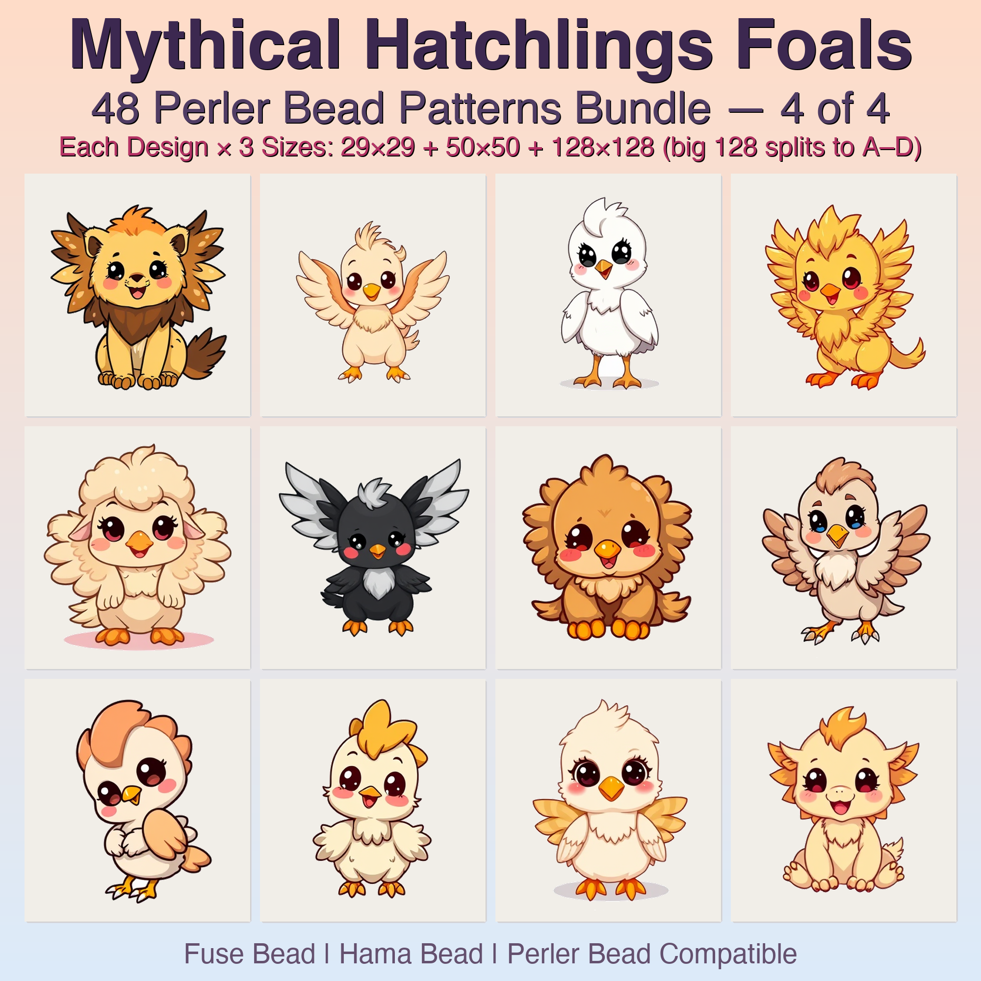 Mythical Hatchlings Foals Perler Bead Patterns, 48 Designs x 3 Grid Sizes (29x29 + 50x50 + 128x128), Fuse Bead PDF Digital Download