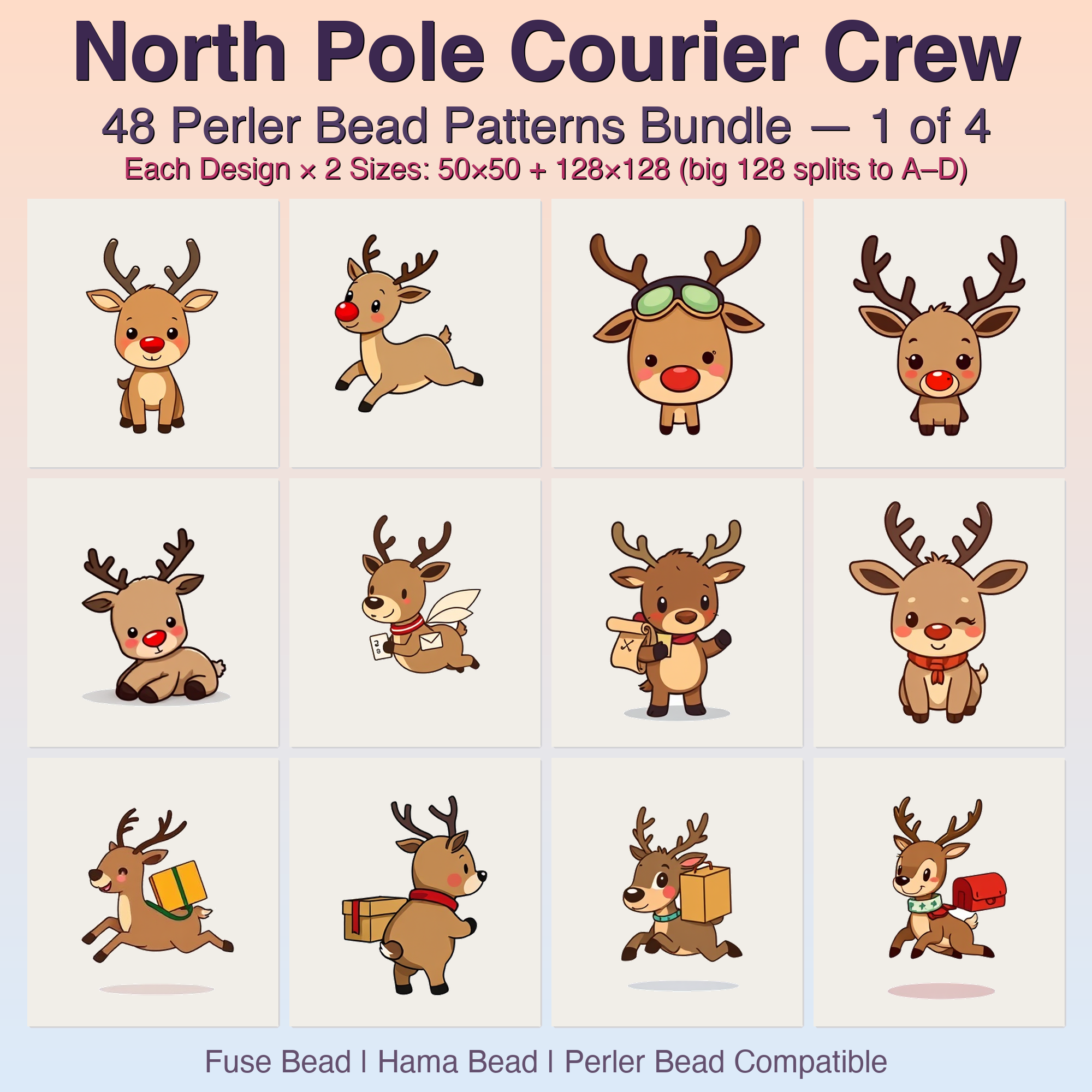 North Pole Courier Crew Perler Bead Patterns, 48 Designs x 2 Grid Sizes (50x50 + 128x128), Fuse Bead PDF Digital Download