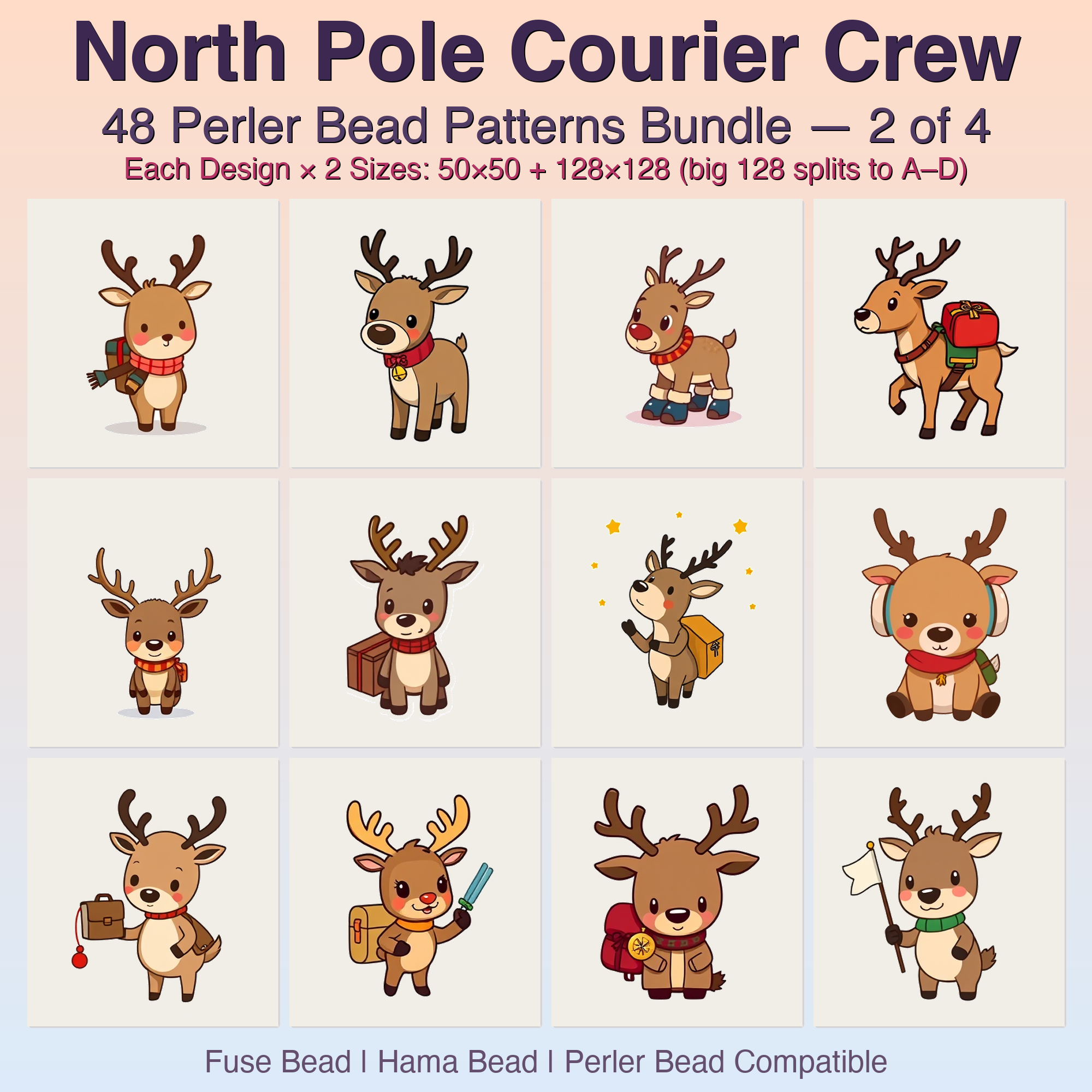 North Pole Courier Crew Perler Bead Patterns, 48 Designs x 2 Grid Sizes (50x50 + 128x128), Fuse Bead PDF Digital Download