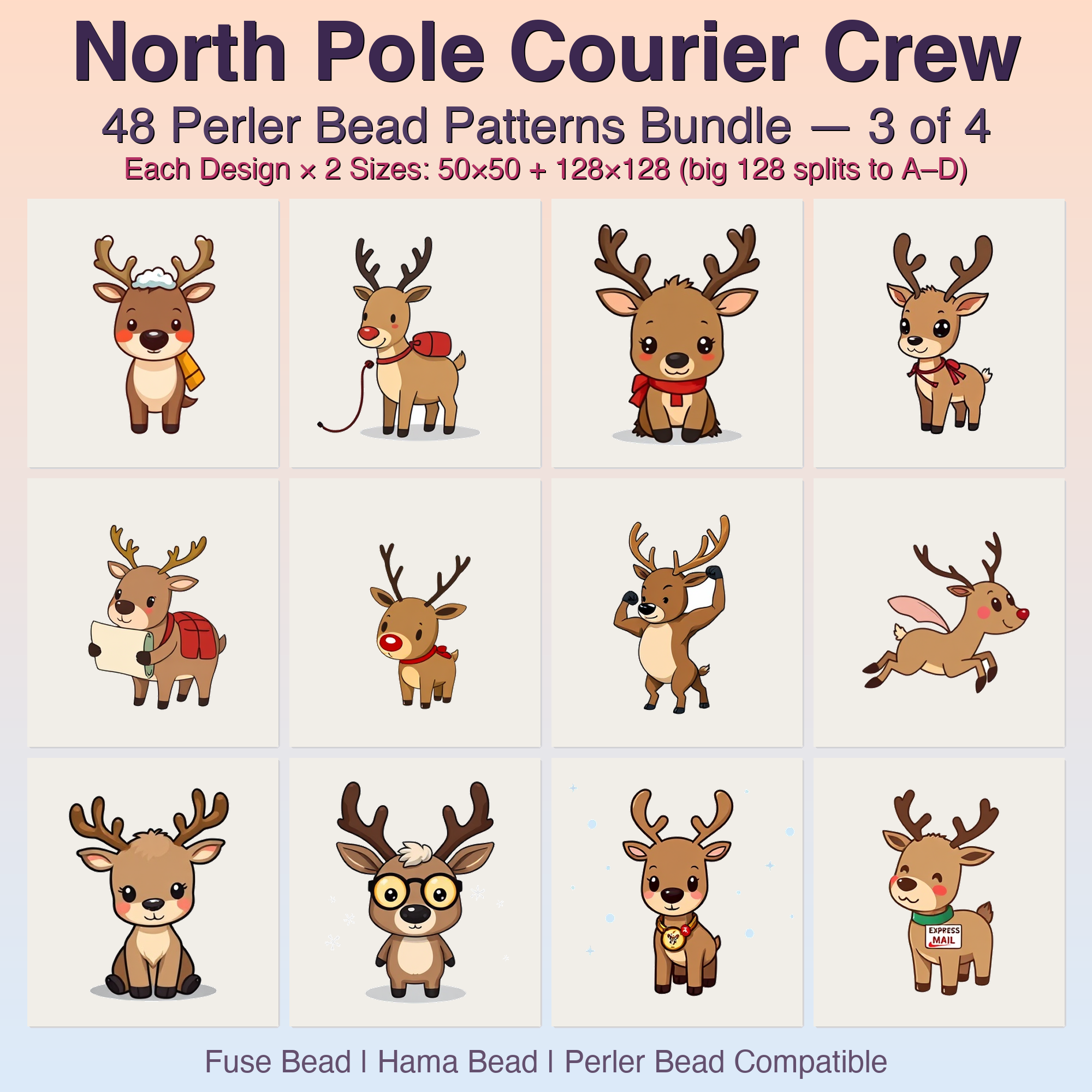North Pole Courier Crew Perler Bead Patterns, 48 Designs x 2 Grid Sizes (50x50 + 128x128), Fuse Bead PDF Digital Download