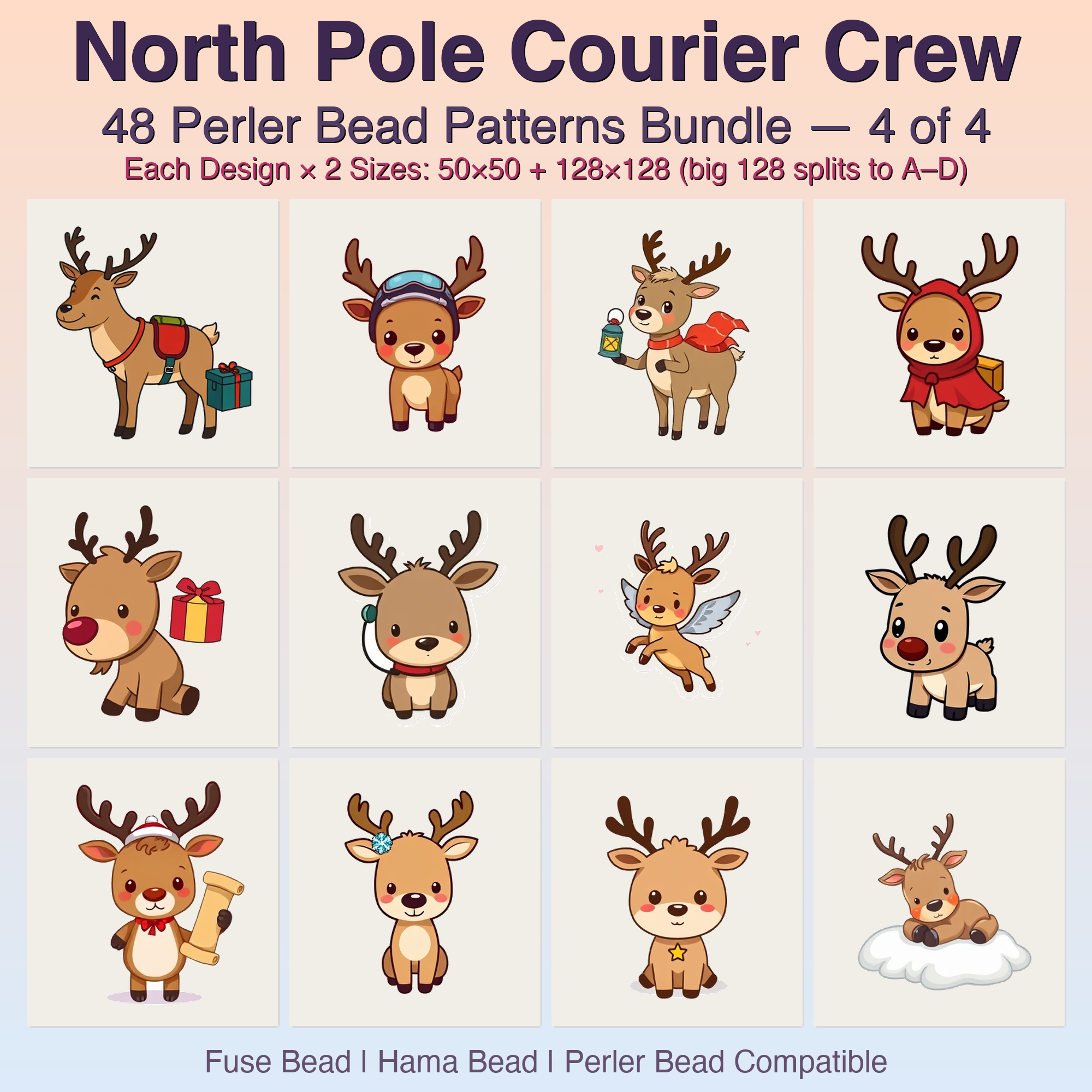 North Pole Courier Crew Perler Bead Patterns, 48 Designs x 2 Grid Sizes (50x50 + 128x128), Fuse Bead PDF Digital Download