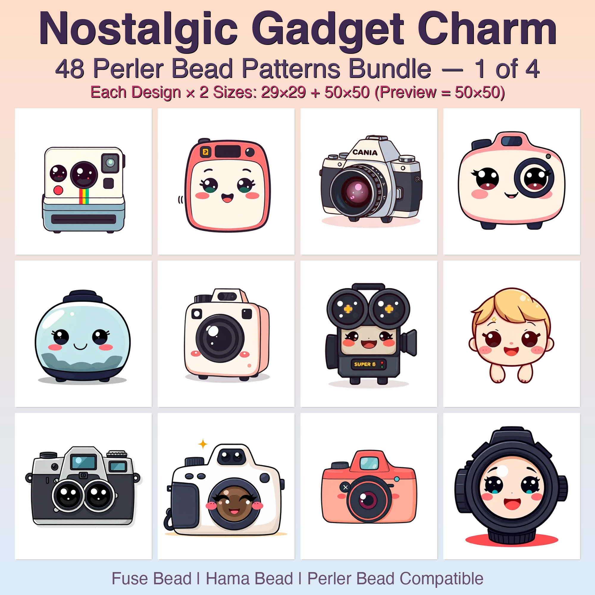 Nostalgic Gadget Charm Perler Bead Patterns Bundle, 48 Designs (PDF Digital Download)
