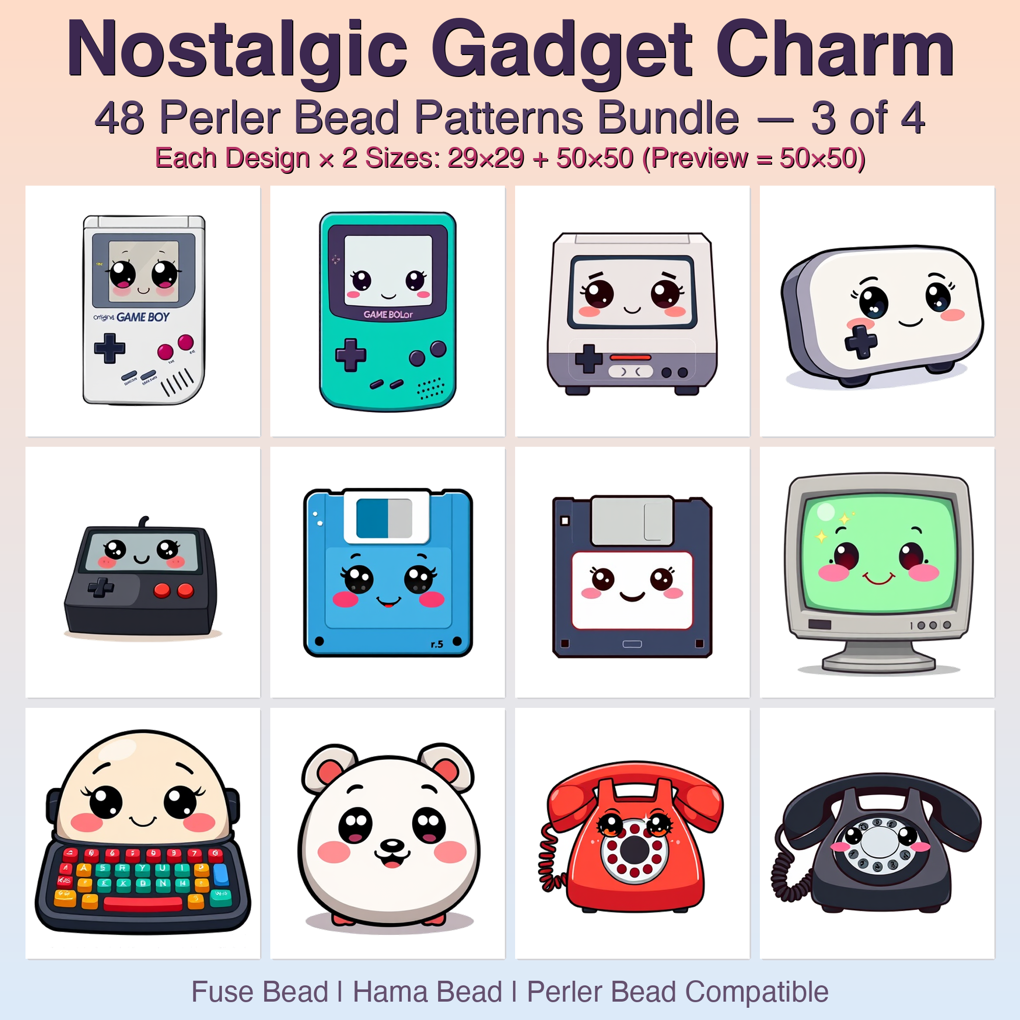Nostalgic Gadget Charm Perler Bead Patterns Bundle, 48 Designs (PDF Digital Download)