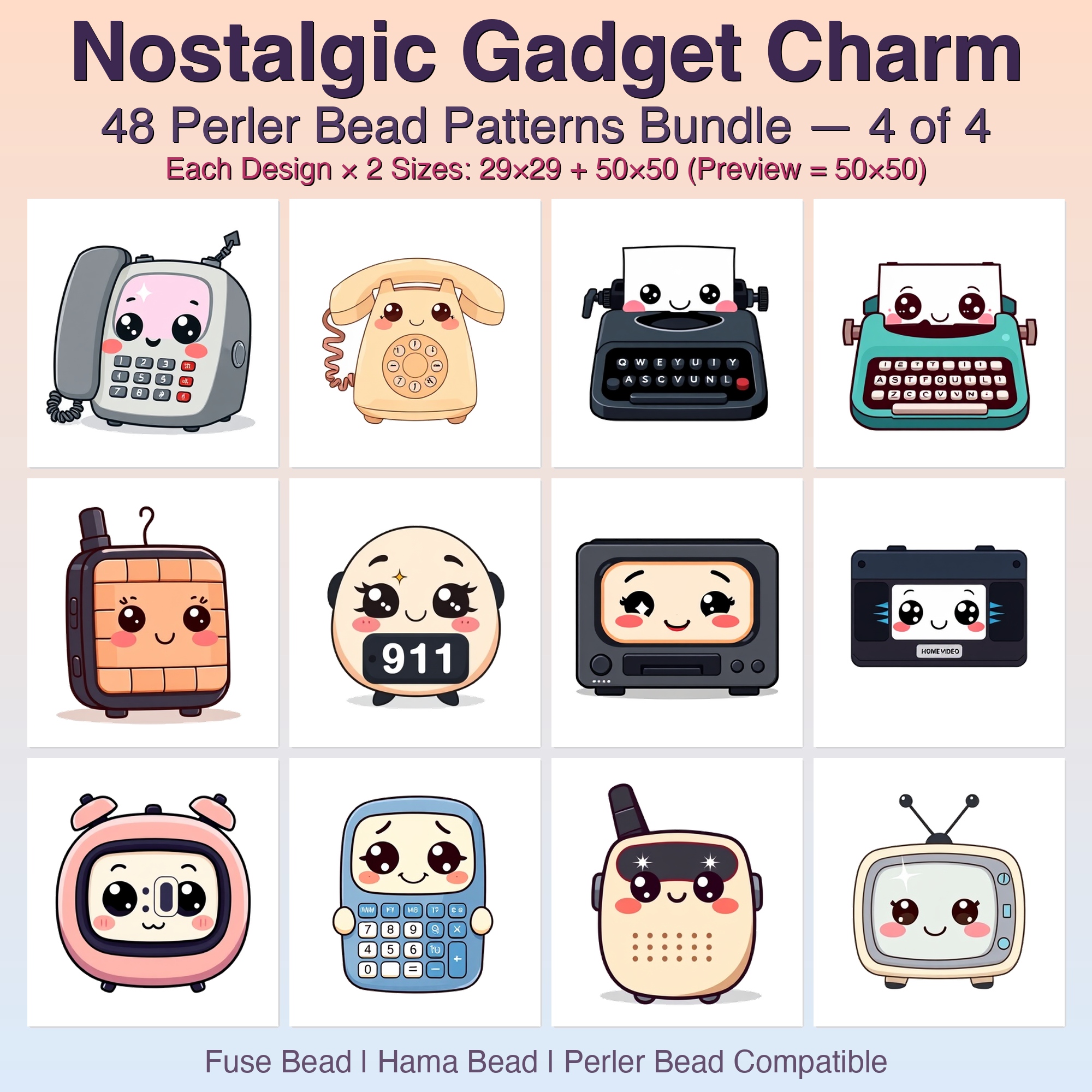 Nostalgic Gadget Charm Perler Bead Patterns Bundle, 48 Designs (PDF Digital Download)