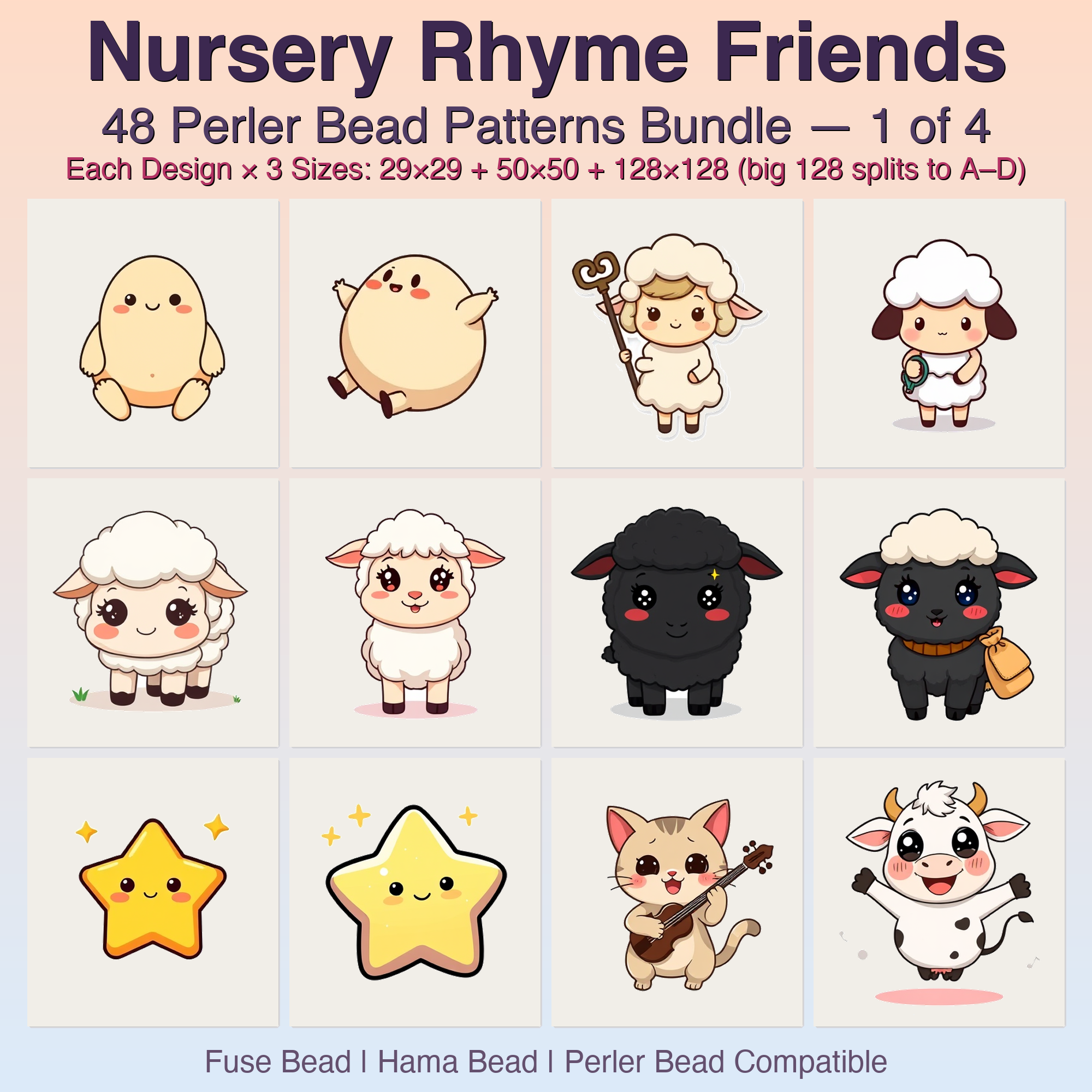 Nursery Rhyme Friends Perler Bead Patterns, 48 Designs x 3 Grid Sizes (29x29 + 50x50 + 128x128), Fuse Bead PDF Digital Download