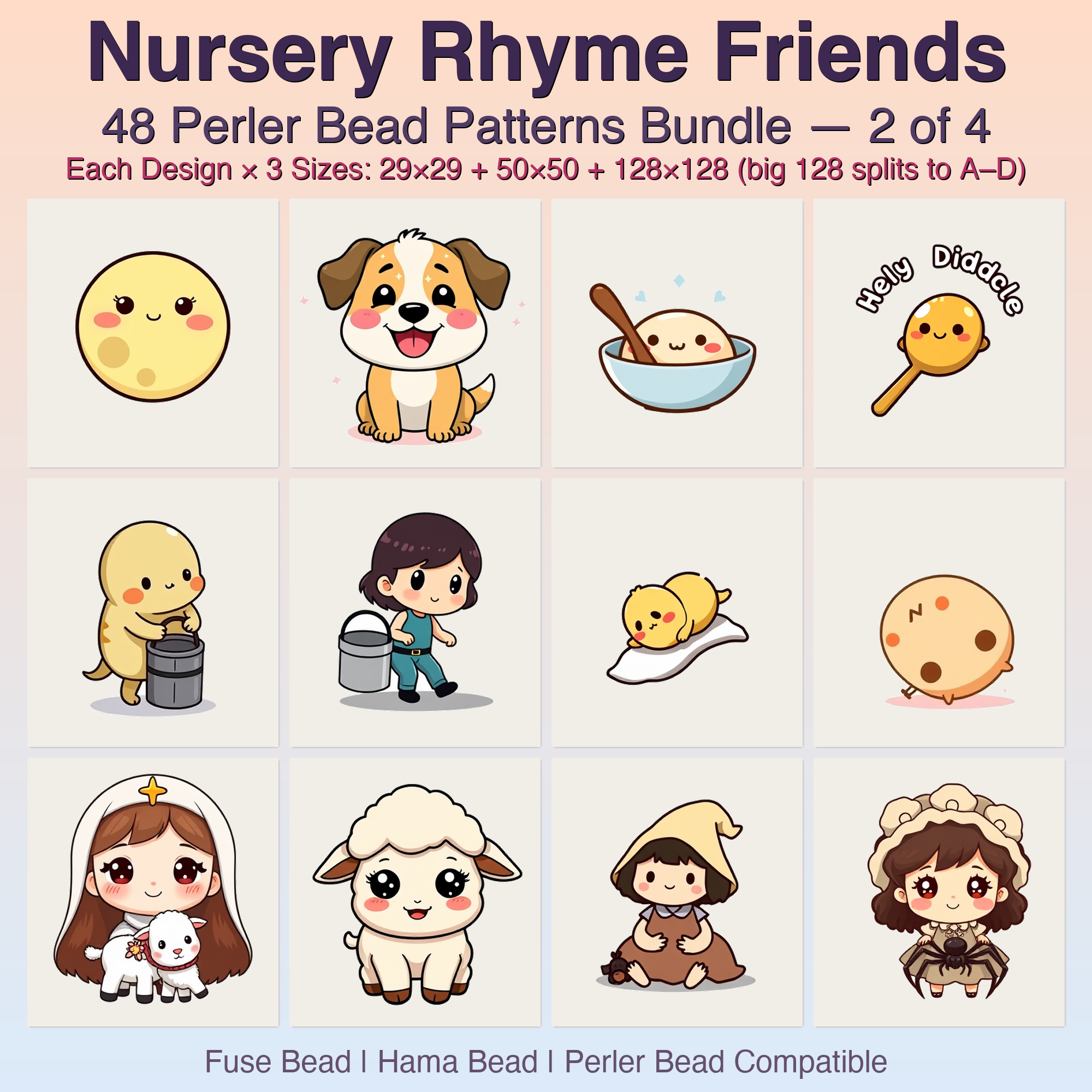 Nursery Rhyme Friends Perler Bead Patterns, 48 Designs x 3 Grid Sizes (29x29 + 50x50 + 128x128), Fuse Bead PDF Digital Download