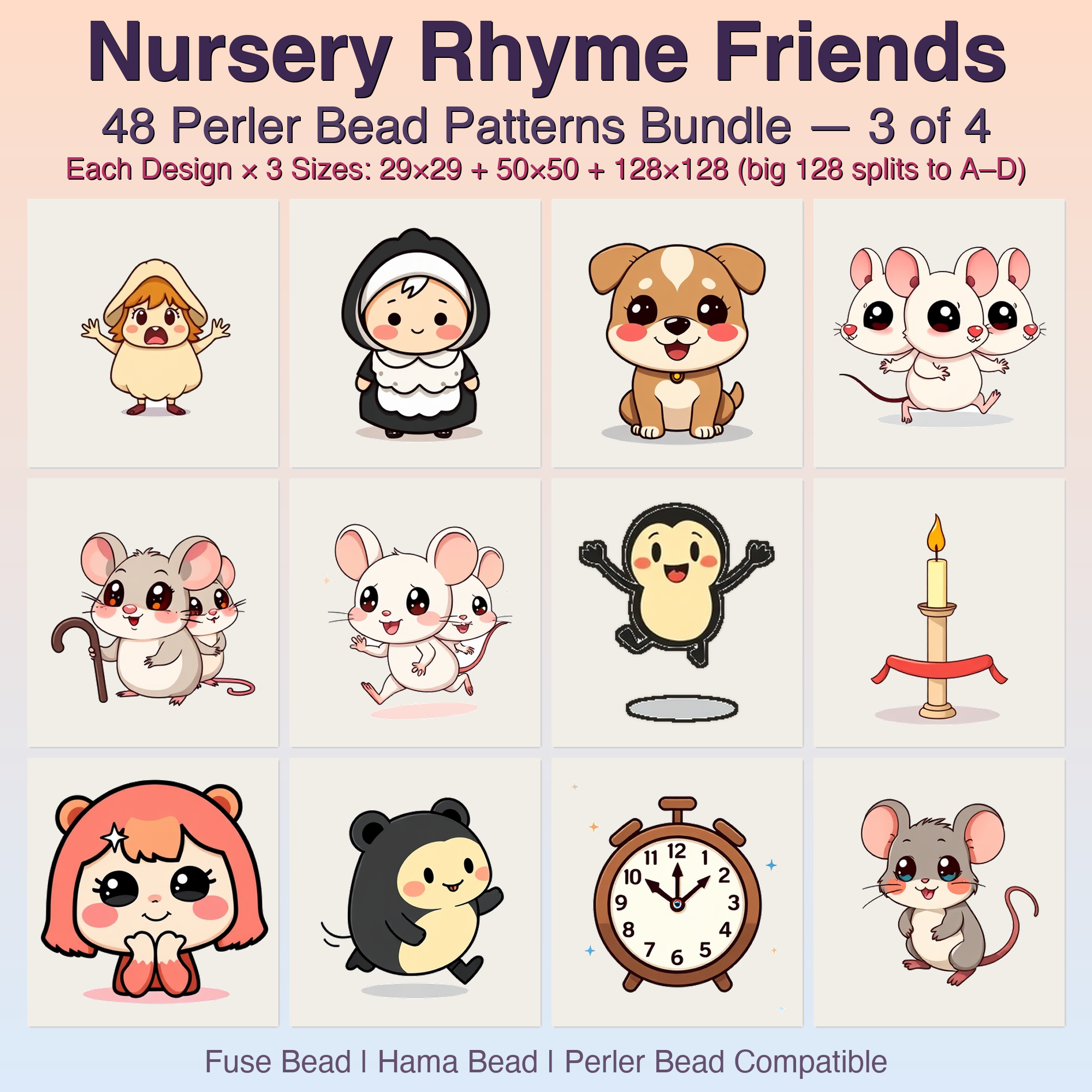 Nursery Rhyme Friends Perler Bead Patterns, 48 Designs x 3 Grid Sizes (29x29 + 50x50 + 128x128), Fuse Bead PDF Digital Download