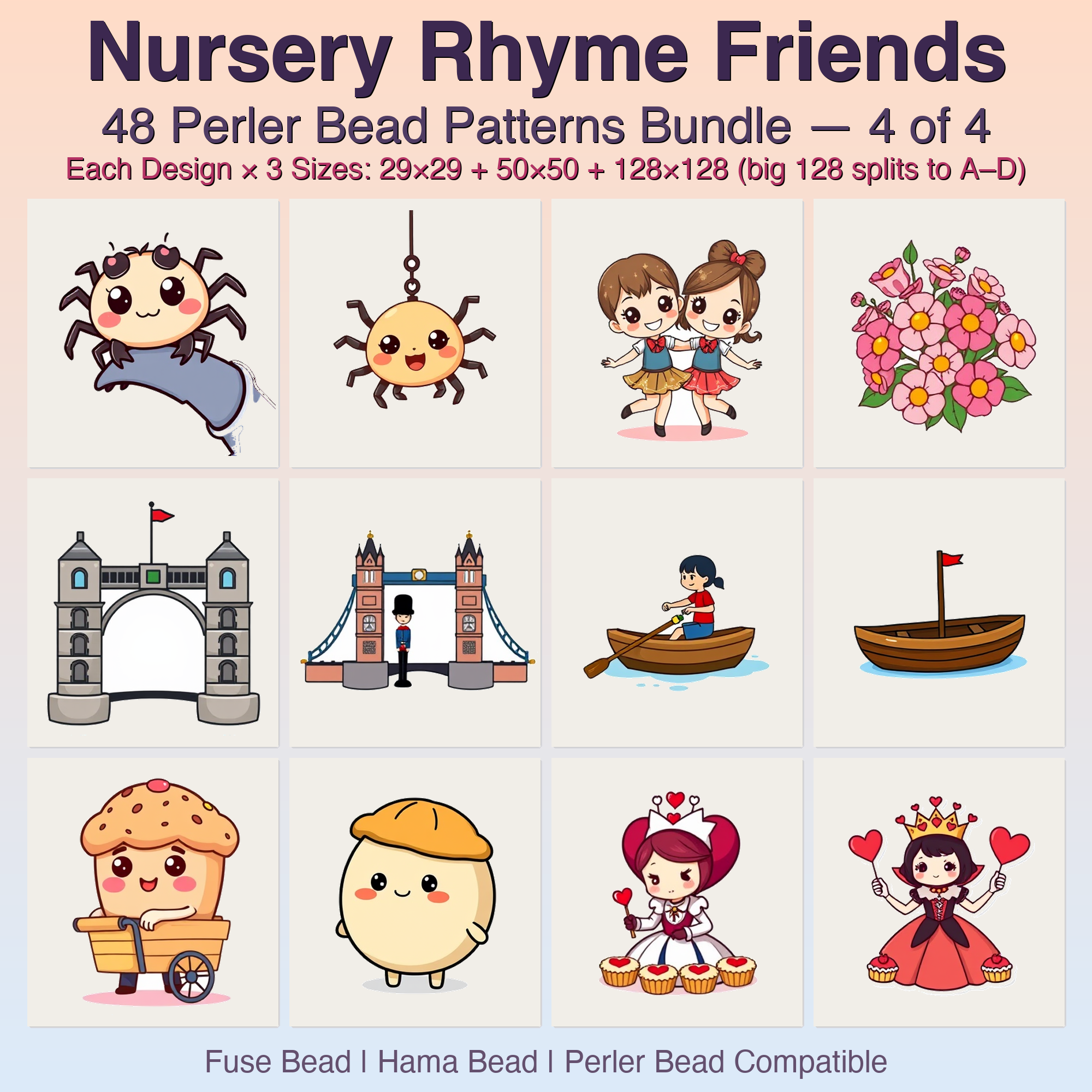 Nursery Rhyme Friends Perler Bead Patterns, 48 Designs x 3 Grid Sizes (29x29 + 50x50 + 128x128), Fuse Bead PDF Digital Download