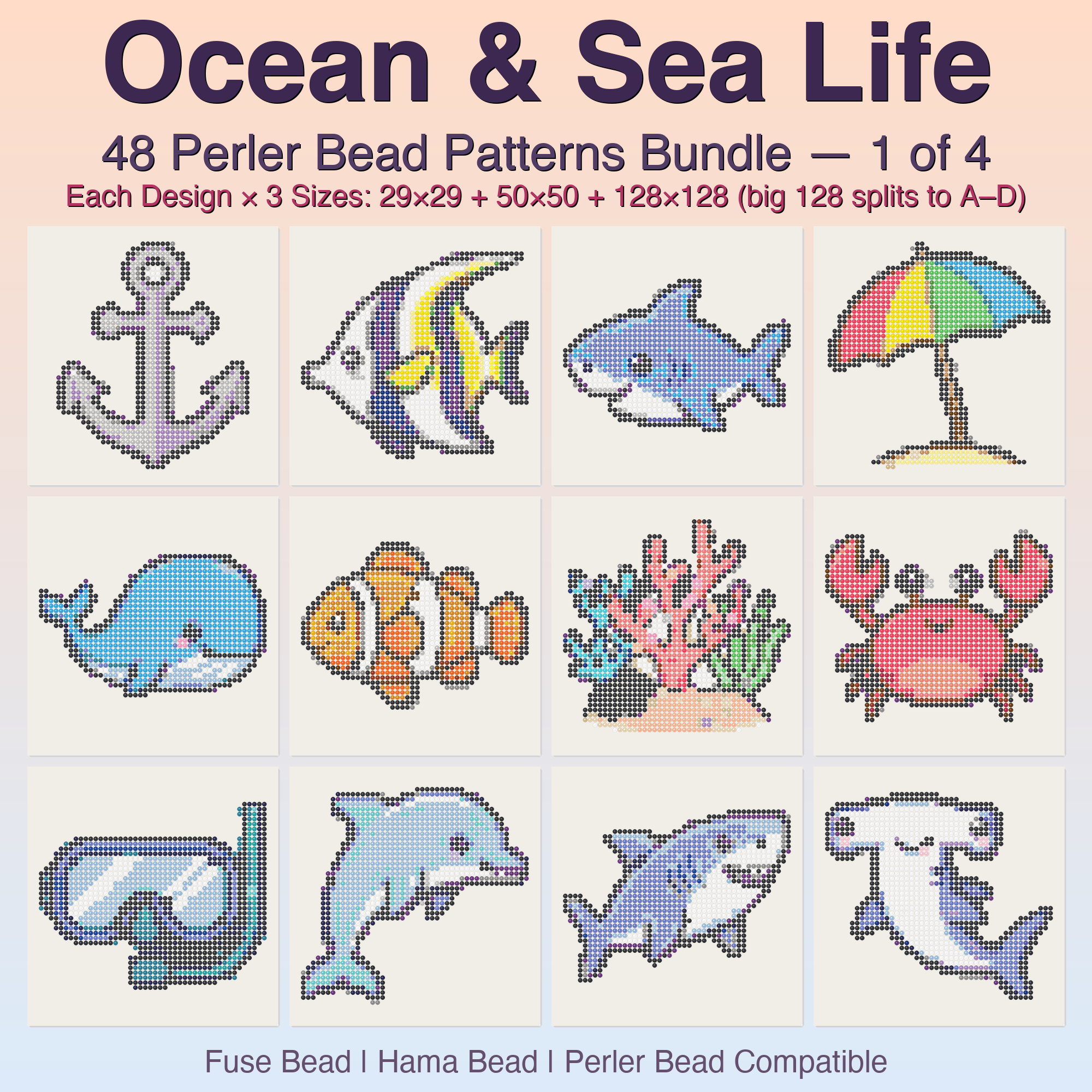 Ocean & Sea Life Perler Bead Patterns, 48 Designs x 3 Grid Sizes (29x29 + 50x50 + 128x128), Fuse Bead PDF Digital Download