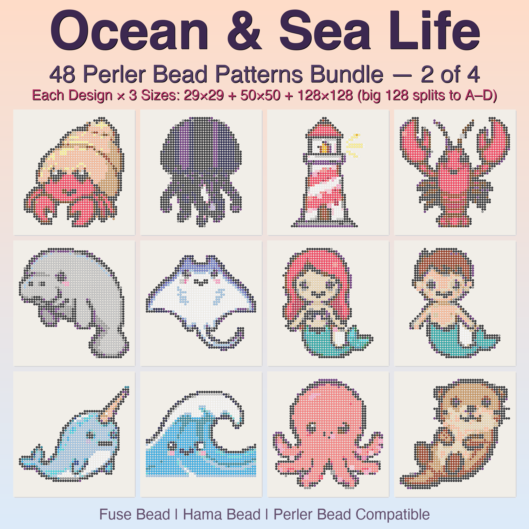 Ocean & Sea Life Perler Bead Patterns, 48 Designs x 3 Grid Sizes (29x29 + 50x50 + 128x128), Fuse Bead PDF Digital Download