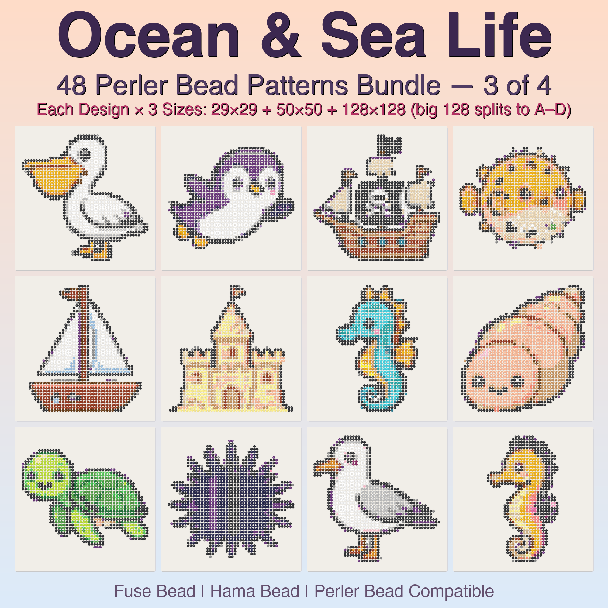 Ocean & Sea Life Perler Bead Patterns, 48 Designs x 3 Grid Sizes (29x29 + 50x50 + 128x128), Fuse Bead PDF Digital Download