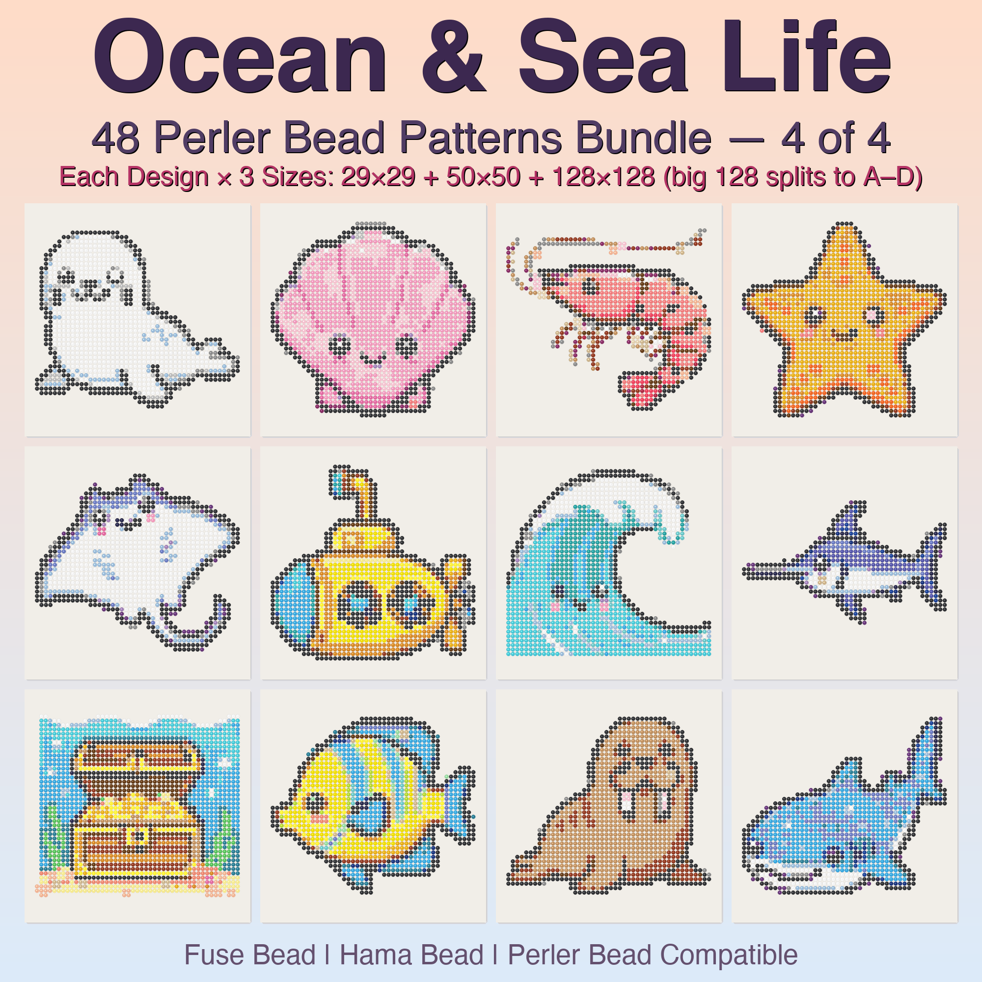 Ocean & Sea Life Perler Bead Patterns, 48 Designs x 3 Grid Sizes (29x29 + 50x50 + 128x128), Fuse Bead PDF Digital Download