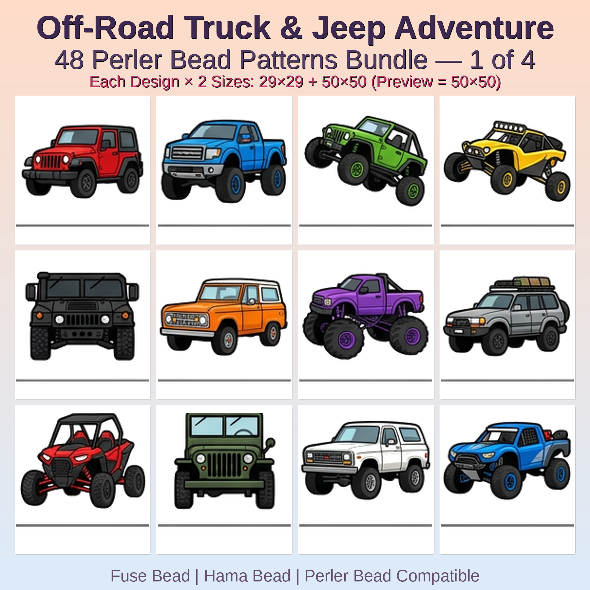 Off-Road Truck & Jeep Adventure Perler Bead Patterns Bundle, 48 Designs (PDF Digital Download)