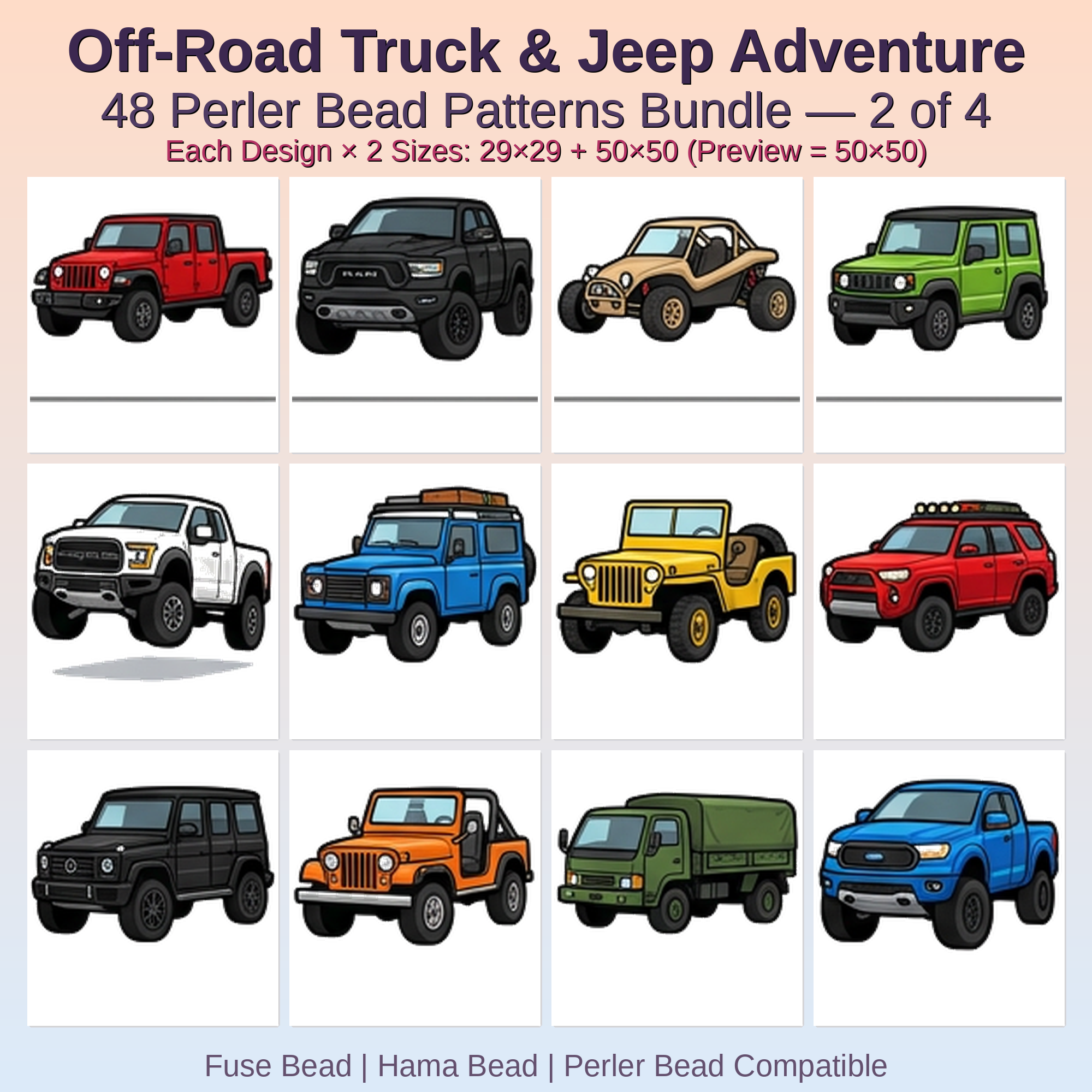 Off-Road Truck & Jeep Adventure Perler Bead Patterns Bundle, 48 Designs (PDF Digital Download)
