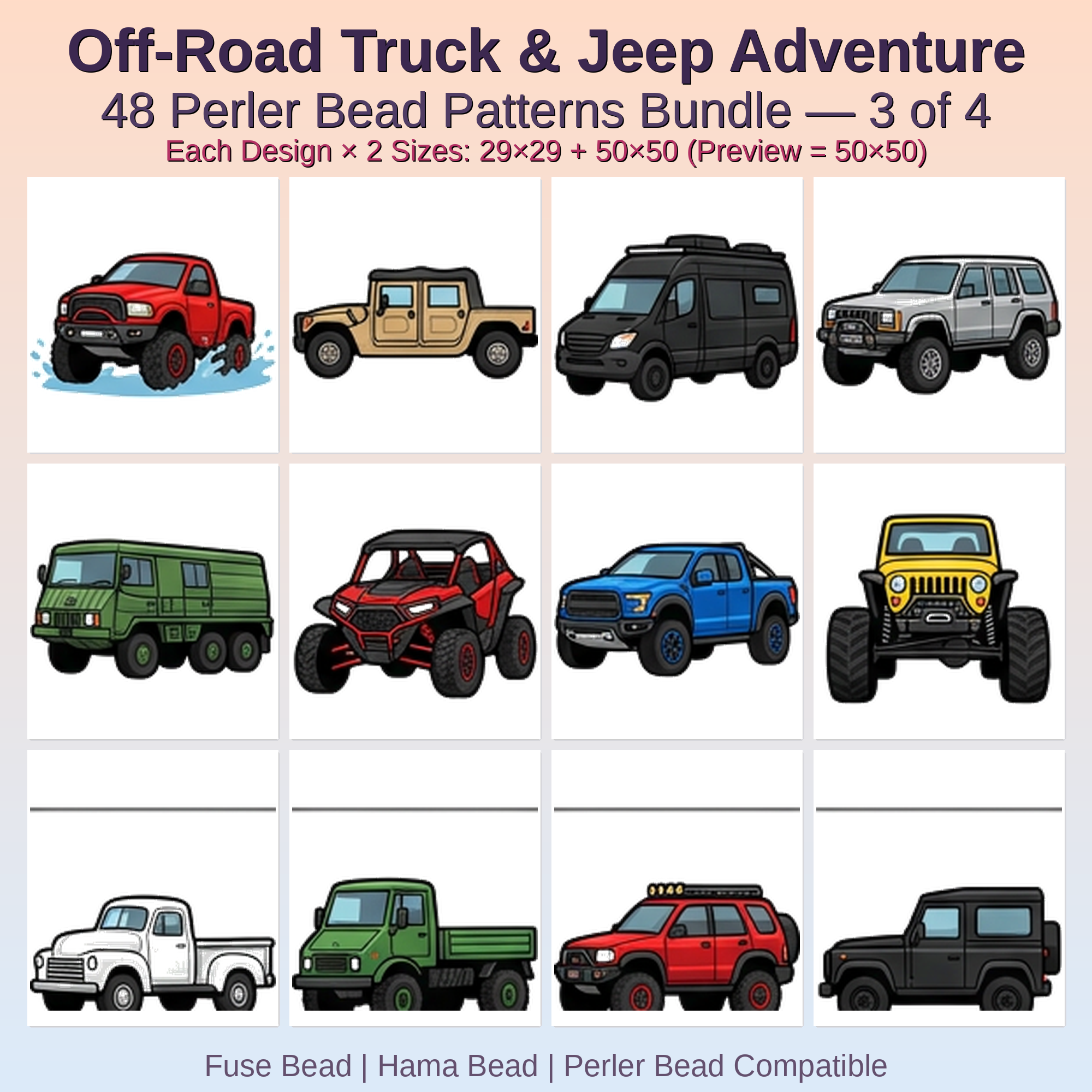 Off-Road Truck & Jeep Adventure Perler Bead Patterns Bundle, 48 Designs (PDF Digital Download)