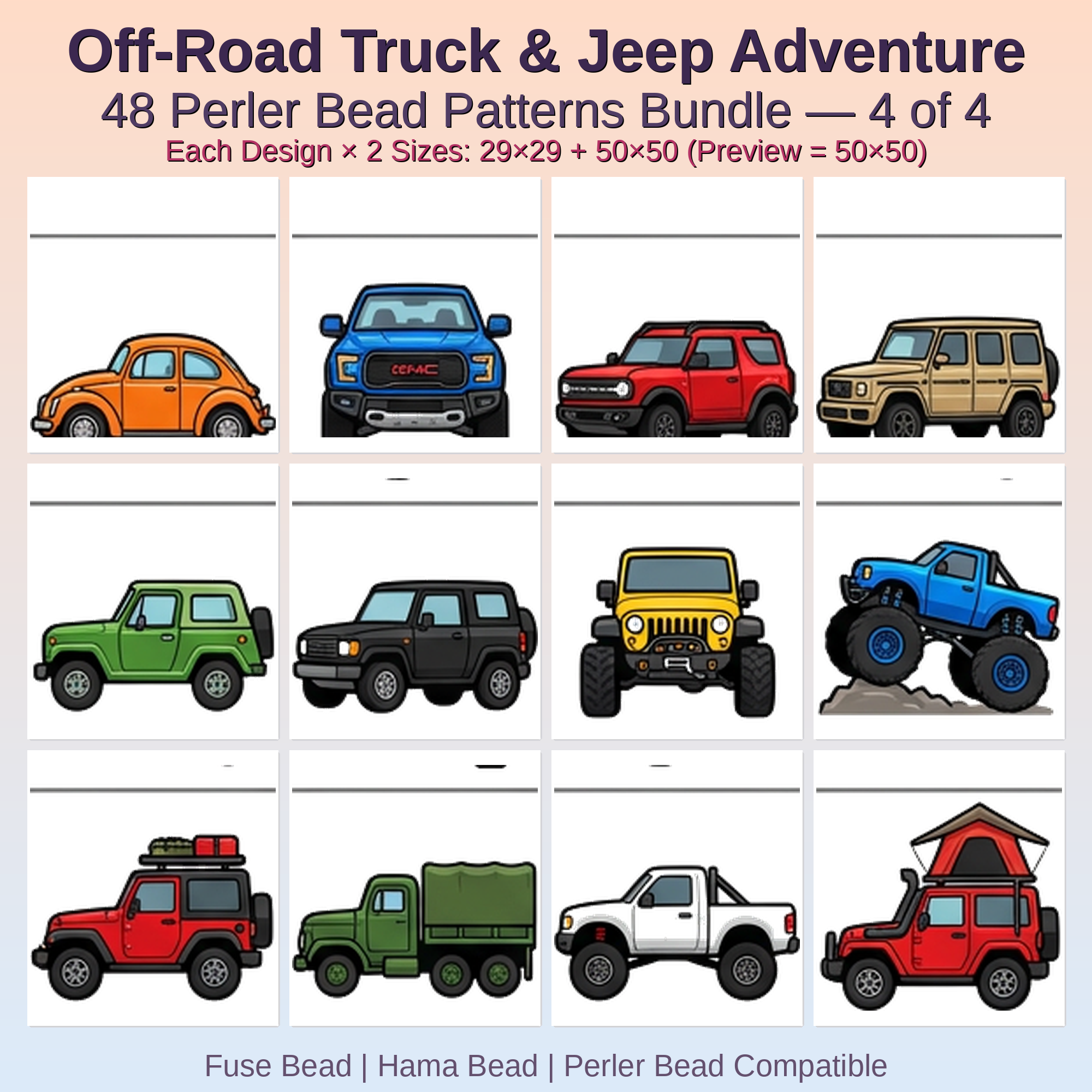Off-Road Truck & Jeep Adventure Perler Bead Patterns Bundle, 48 Designs (PDF Digital Download)