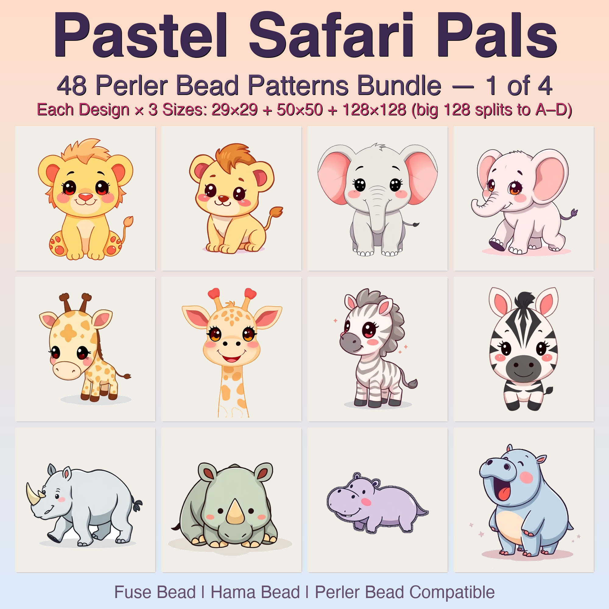 Pastel Safari Pals Perler Bead Patterns, 48 Designs x 3 Grid Sizes (29x29 + 50x50 + 128x128), Fuse Bead PDF Digital Download