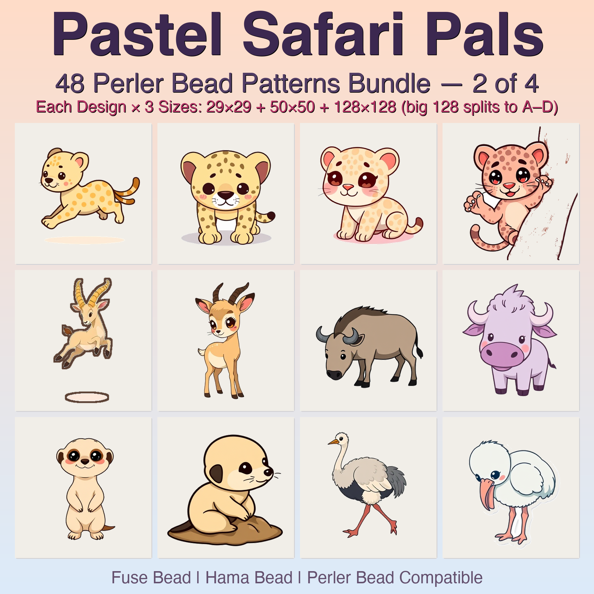 Pastel Safari Pals Perler Bead Patterns, 48 Designs x 3 Grid Sizes (29x29 + 50x50 + 128x128), Fuse Bead PDF Digital Download