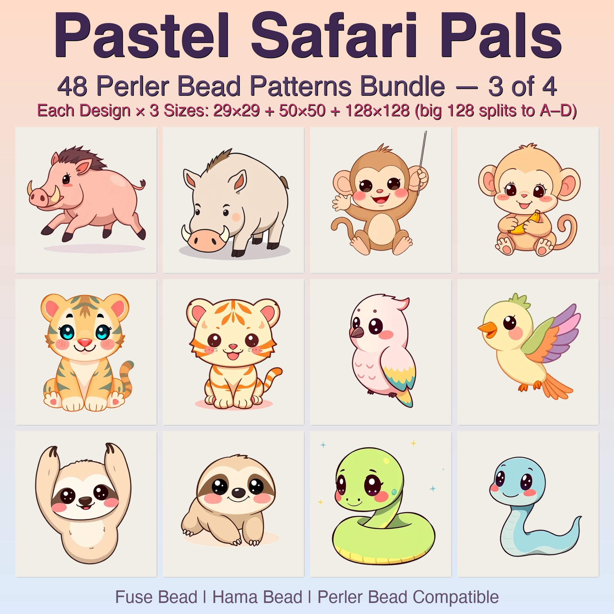 Pastel Safari Pals Perler Bead Patterns, 48 Designs x 3 Grid Sizes (29x29 + 50x50 + 128x128), Fuse Bead PDF Digital Download