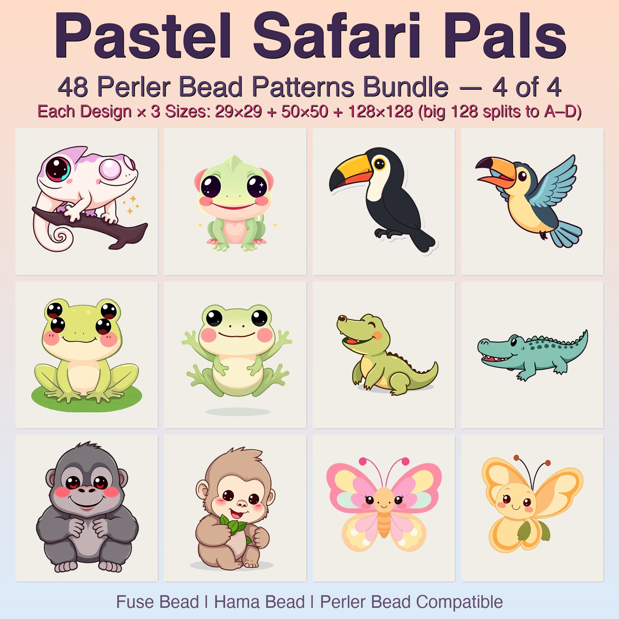 Pastel Safari Pals Perler Bead Patterns, 48 Designs x 3 Grid Sizes (29x29 + 50x50 + 128x128), Fuse Bead PDF Digital Download