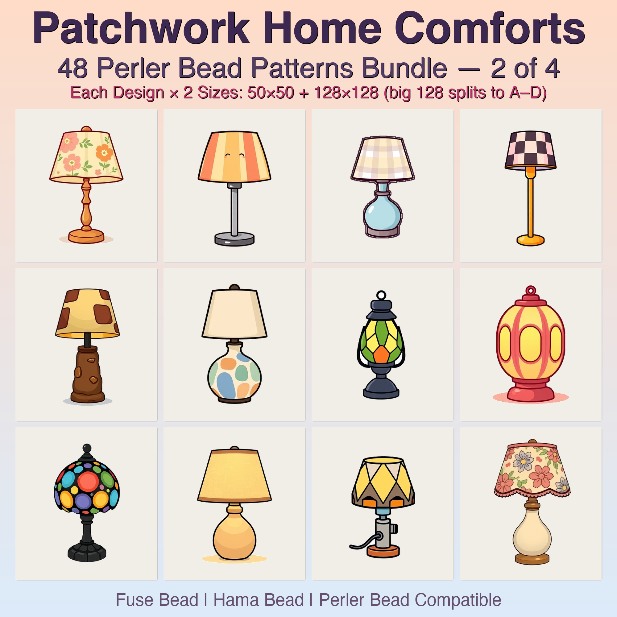 Patchwork Home Comforts Perler Bead Patterns, 48 Designs x 2 Grid Sizes (50x50 + 128x128), Fuse Bead PDF Digital Download