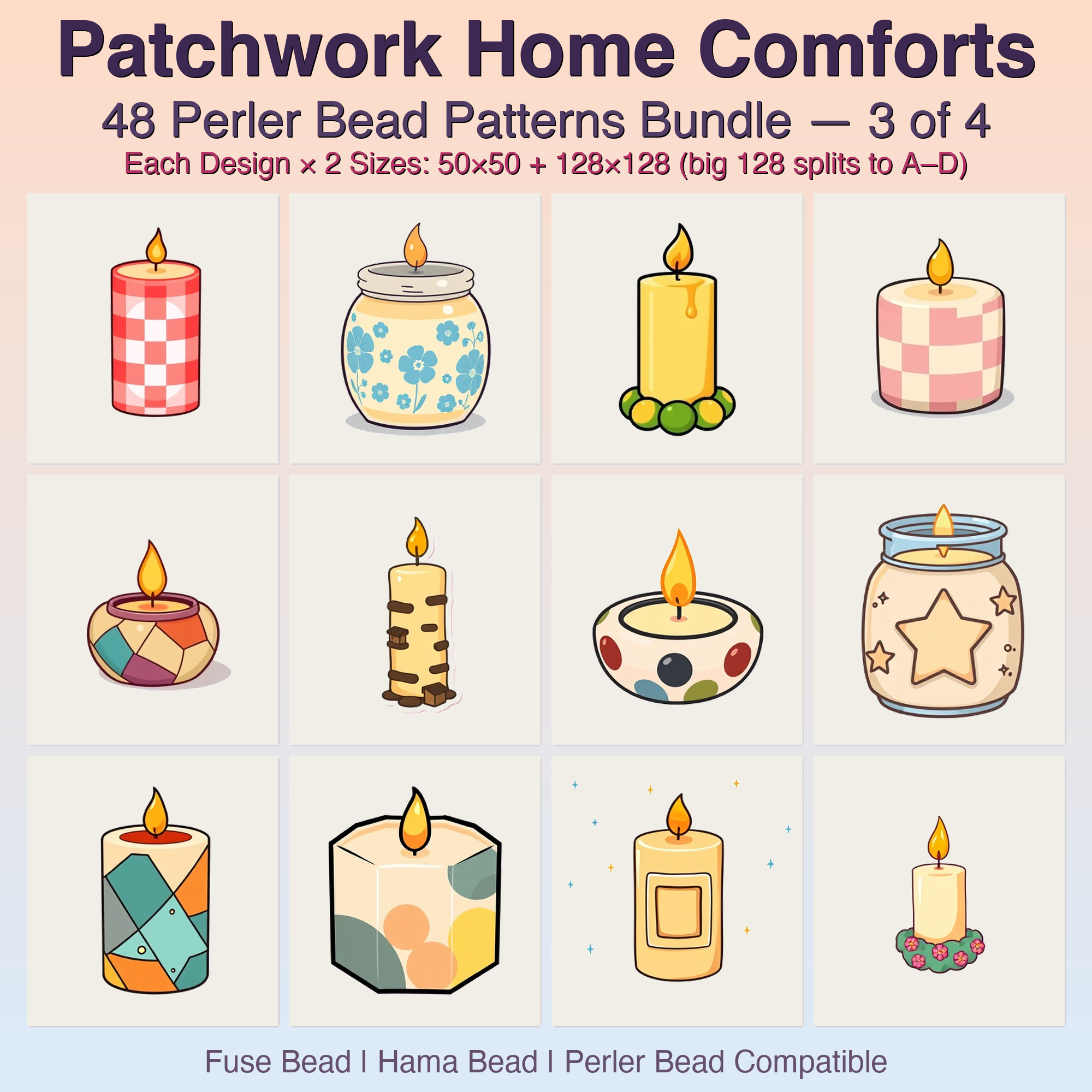 Patchwork Home Comforts Perler Bead Patterns, 48 Designs x 2 Grid Sizes (50x50 + 128x128), Fuse Bead PDF Digital Download