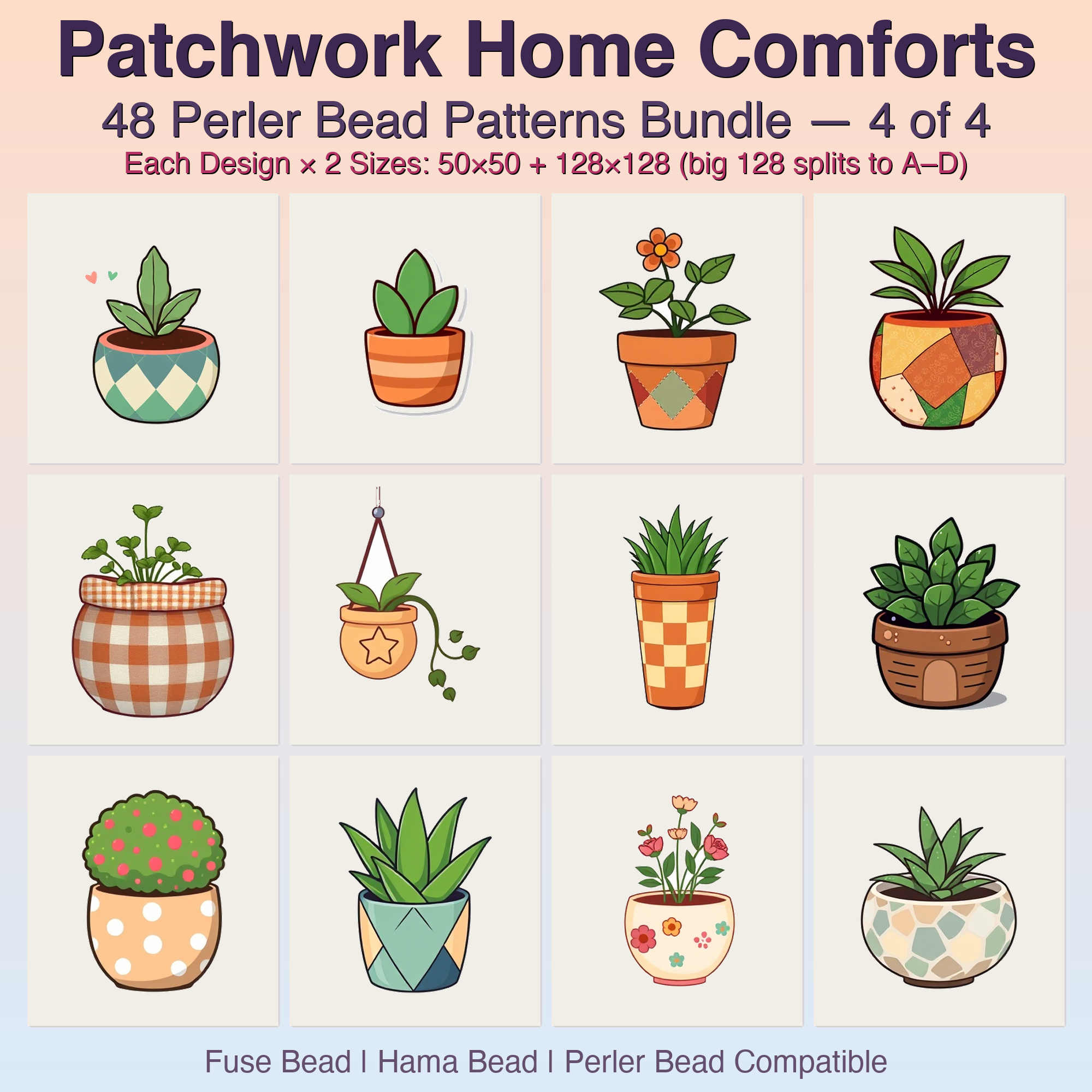 Patchwork Home Comforts Perler Bead Patterns, 48 Designs x 2 Grid Sizes (50x50 + 128x128), Fuse Bead PDF Digital Download