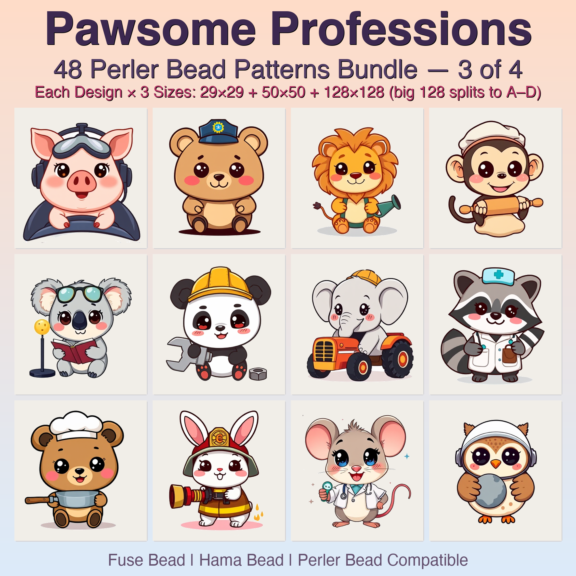 Pawsome Professions Perler Bead Patterns, 48 Designs x 3 Grid Sizes (29x29 + 50x50 + 128x128), Fuse Bead PDF Digital Download