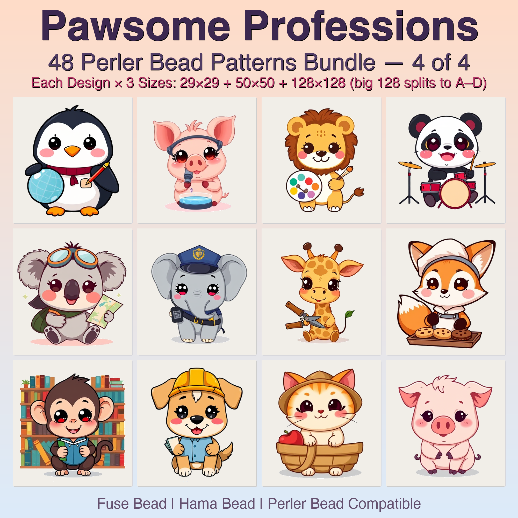 Pawsome Professions Perler Bead Patterns, 48 Designs x 3 Grid Sizes (29x29 + 50x50 + 128x128), Fuse Bead PDF Digital Download