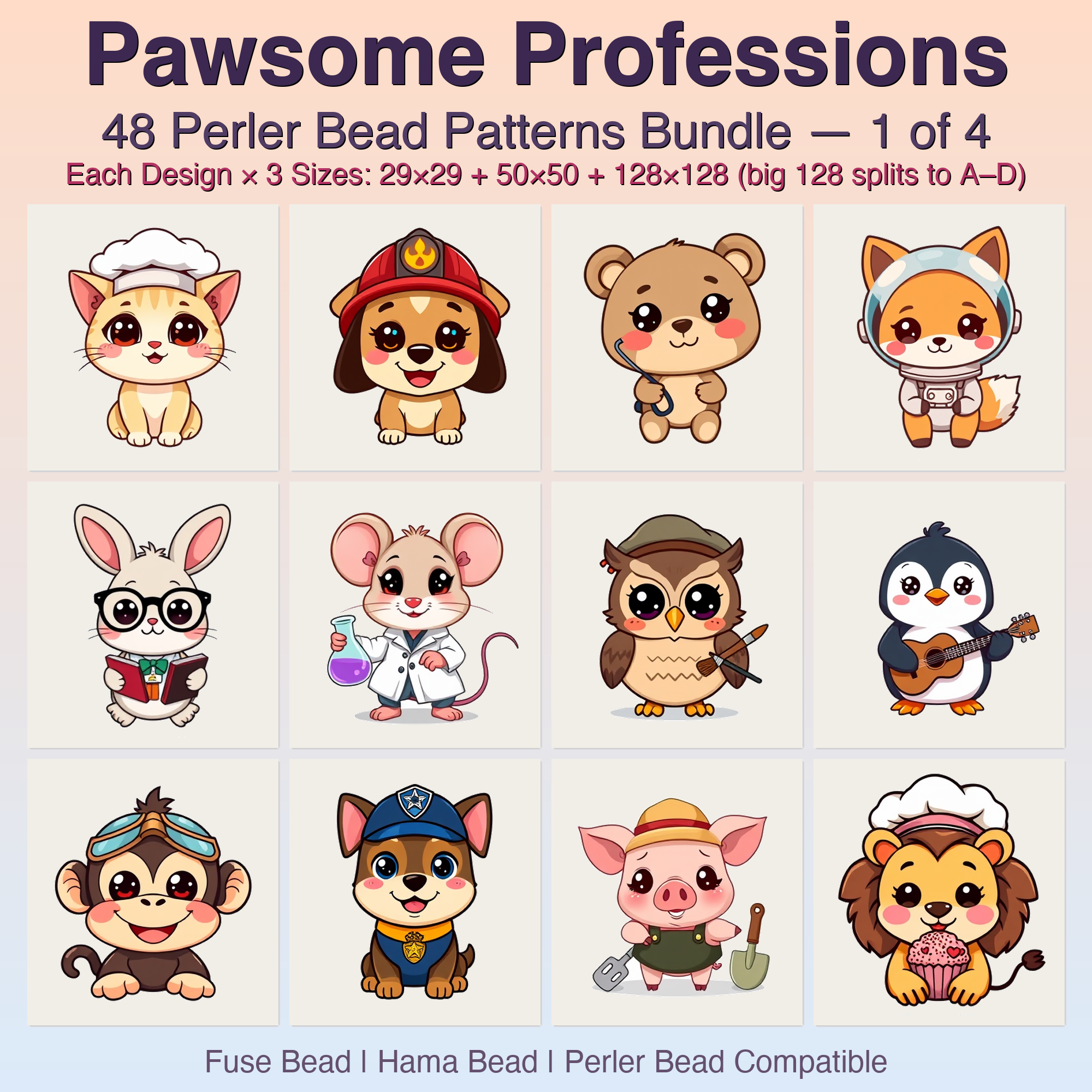 Pawsome Professions Perler Bead Patterns, 48 Designs x 3 Grid Sizes (29x29 + 50x50 + 128x128), Fuse Bead PDF Digital Download