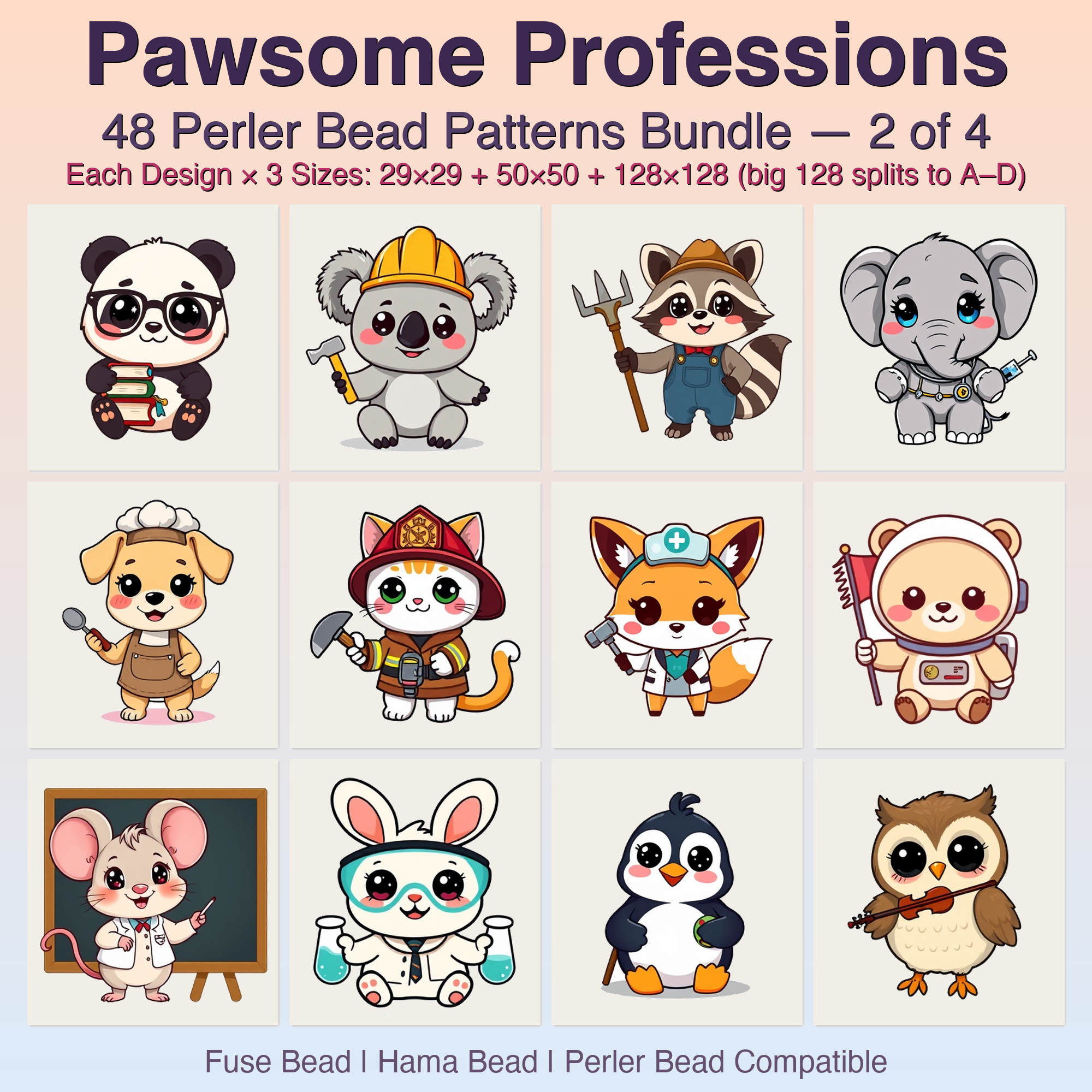 Pawsome Professions Perler Bead Patterns, 48 Designs x 3 Grid Sizes (29x29 + 50x50 + 128x128), Fuse Bead PDF Digital Download