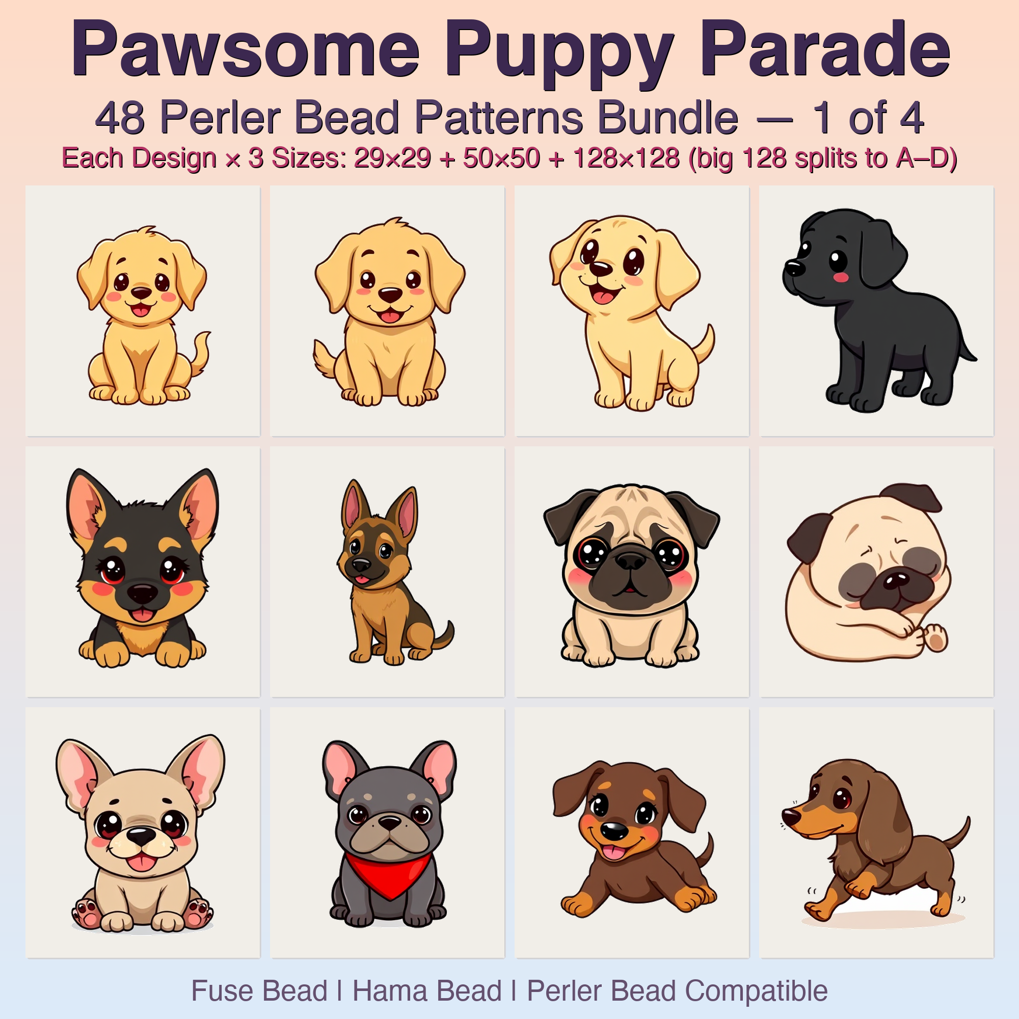 Pawsome Puppy Parade Perler Bead Patterns, 48 Designs x 3 Grid Sizes (29x29 + 50x50 + 128x128), Fuse Bead PDF Digital Download