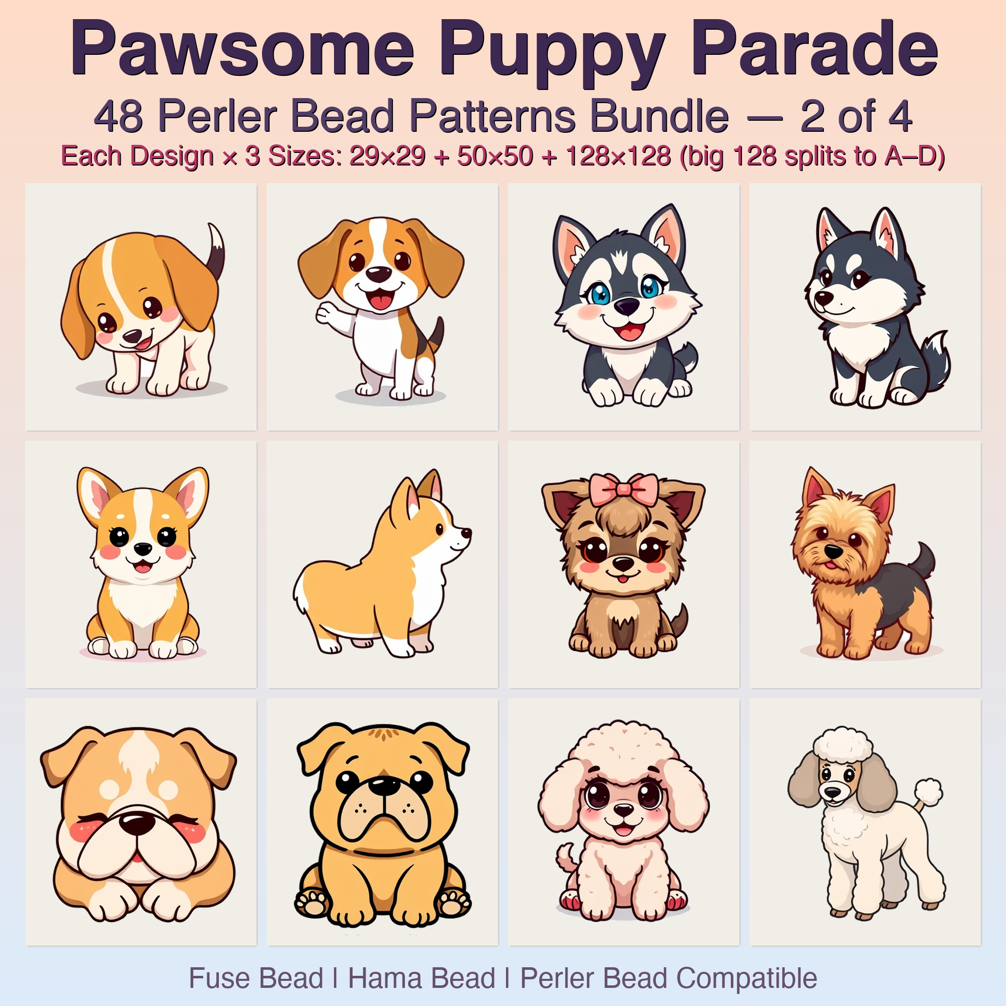 Pawsome Puppy Parade Perler Bead Patterns, 48 Designs x 3 Grid Sizes (29x29 + 50x50 + 128x128), Fuse Bead PDF Digital Download