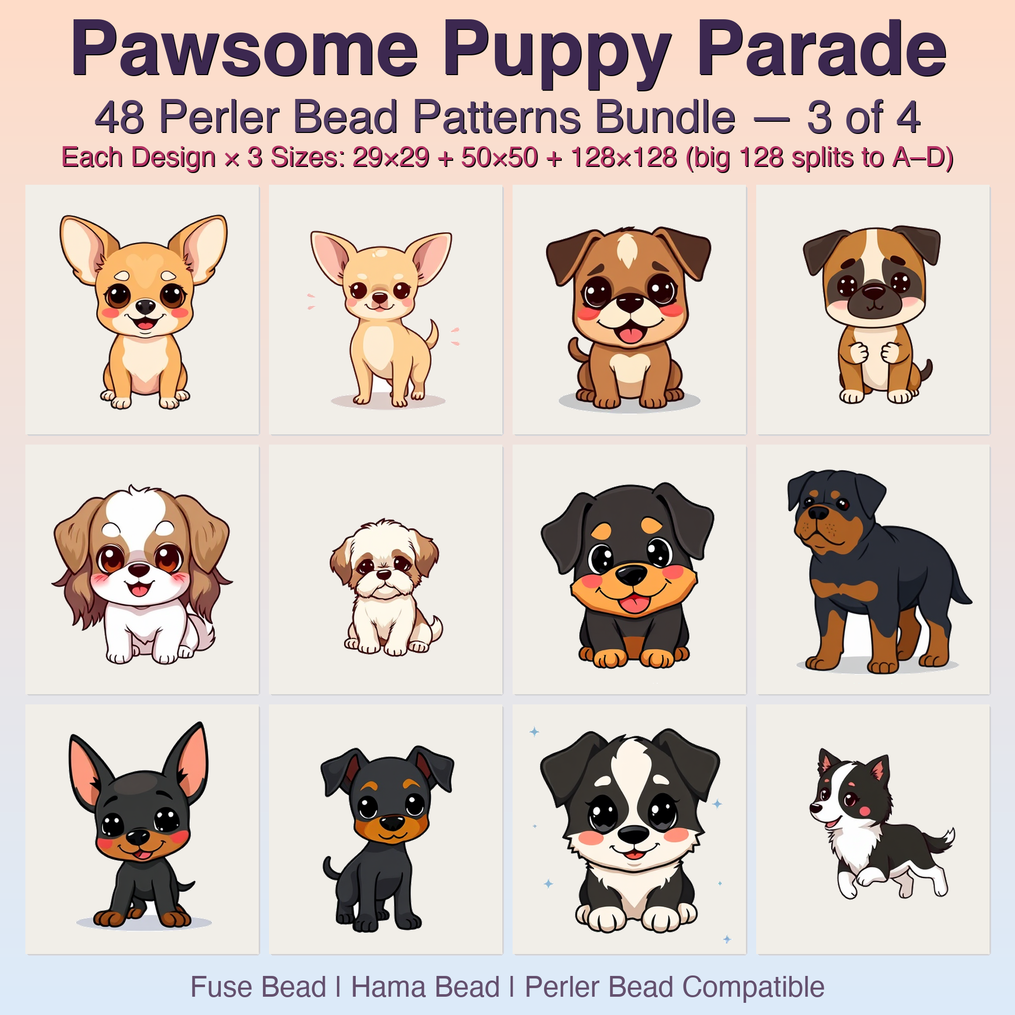 Pawsome Puppy Parade Perler Bead Patterns, 48 Designs x 3 Grid Sizes (29x29 + 50x50 + 128x128), Fuse Bead PDF Digital Download
