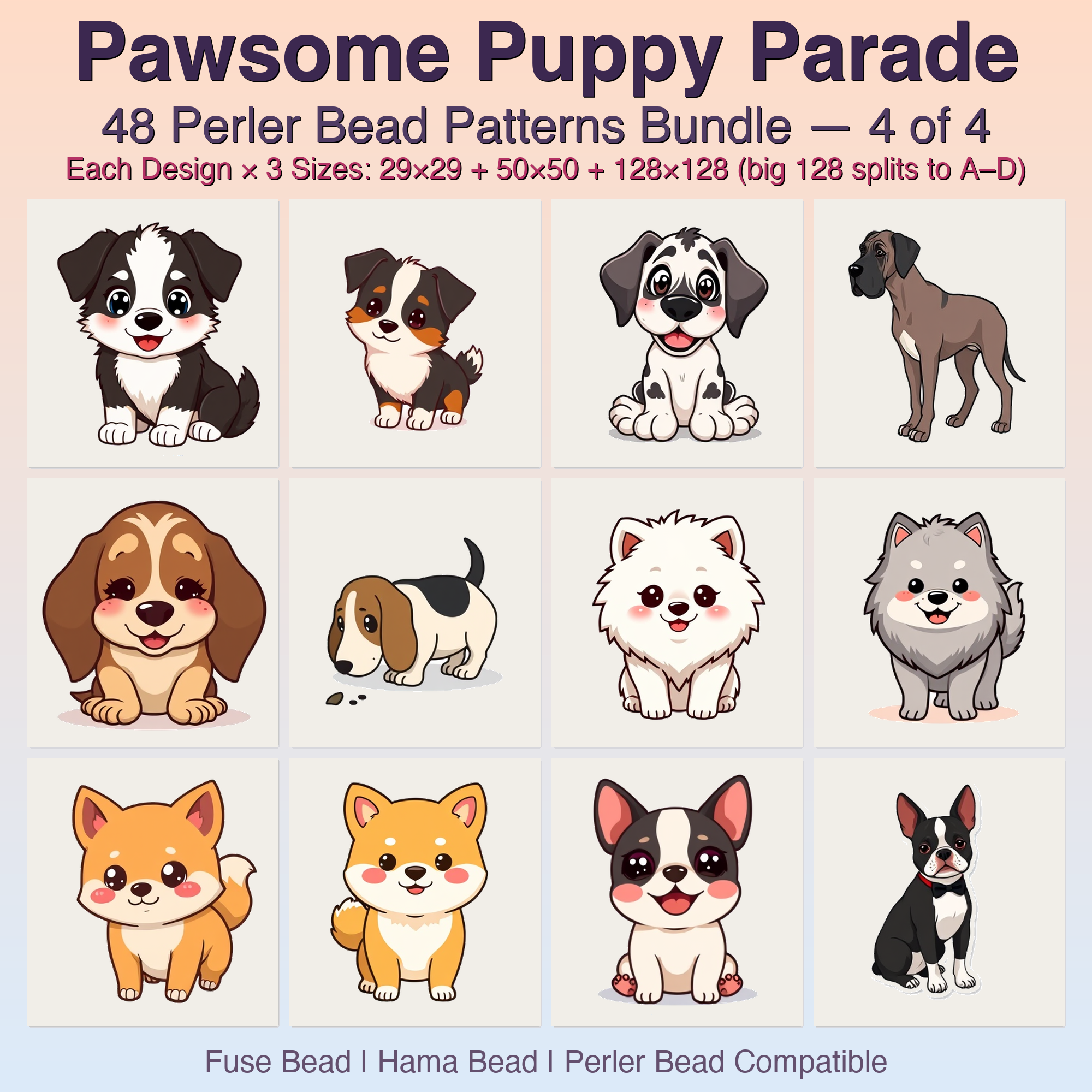 Pawsome Puppy Parade Perler Bead Patterns, 48 Designs x 3 Grid Sizes (29x29 + 50x50 + 128x128), Fuse Bead PDF Digital Download