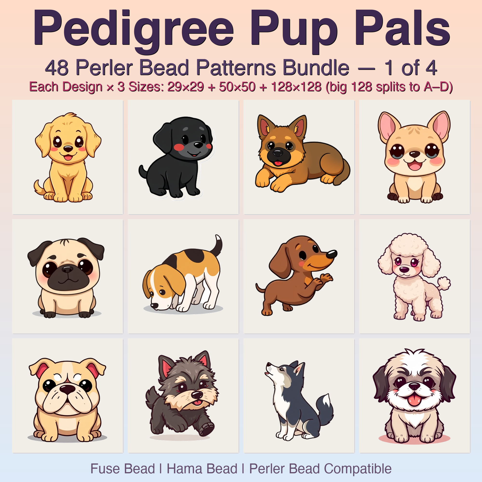 Pedigree Pup Pals Perler Bead Patterns, 48 Designs x 3 Grid Sizes (29x29 + 50x50 + 128x128), Fuse Bead PDF Digital Download