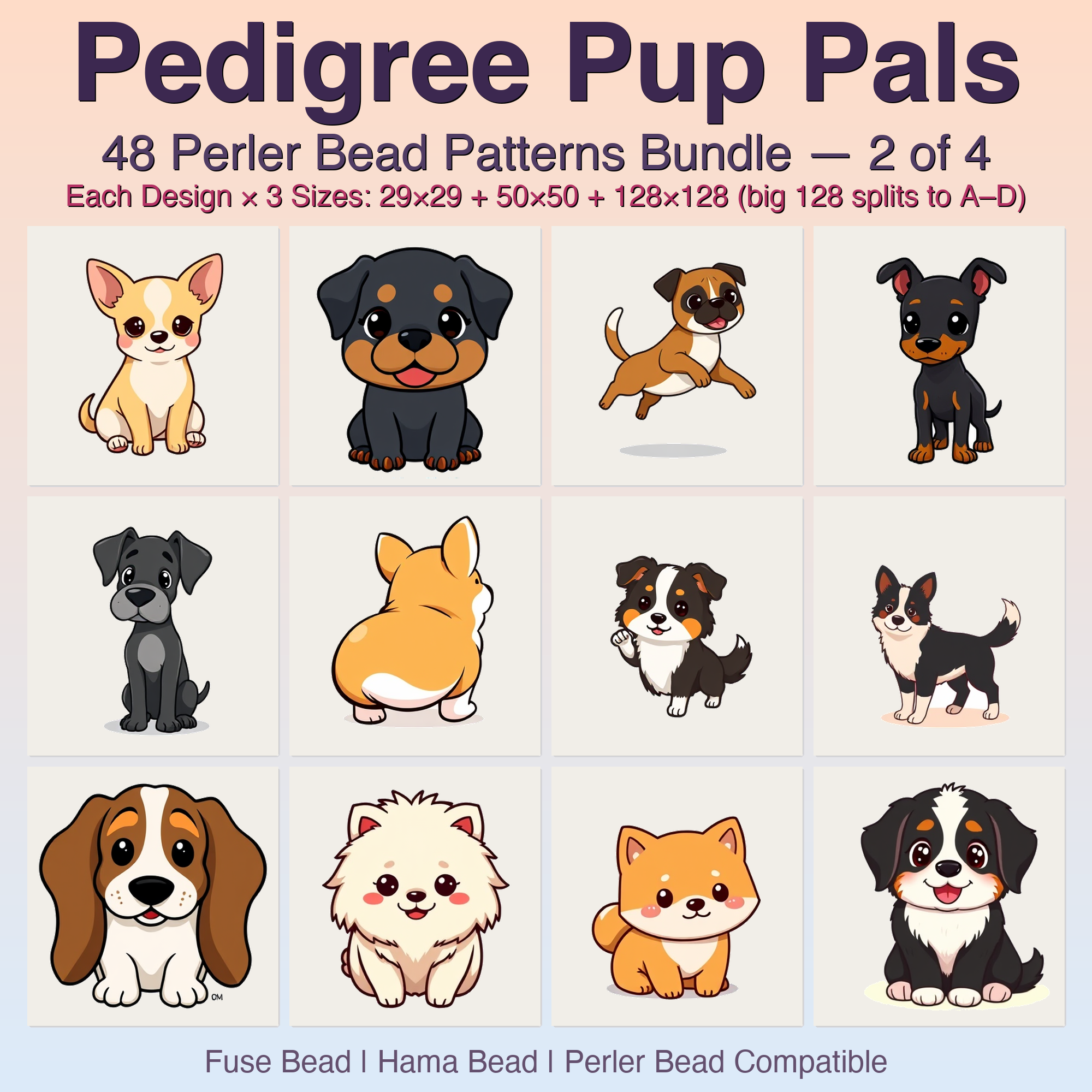 Pedigree Pup Pals Perler Bead Patterns, 48 Designs x 3 Grid Sizes (29x29 + 50x50 + 128x128), Fuse Bead PDF Digital Download
