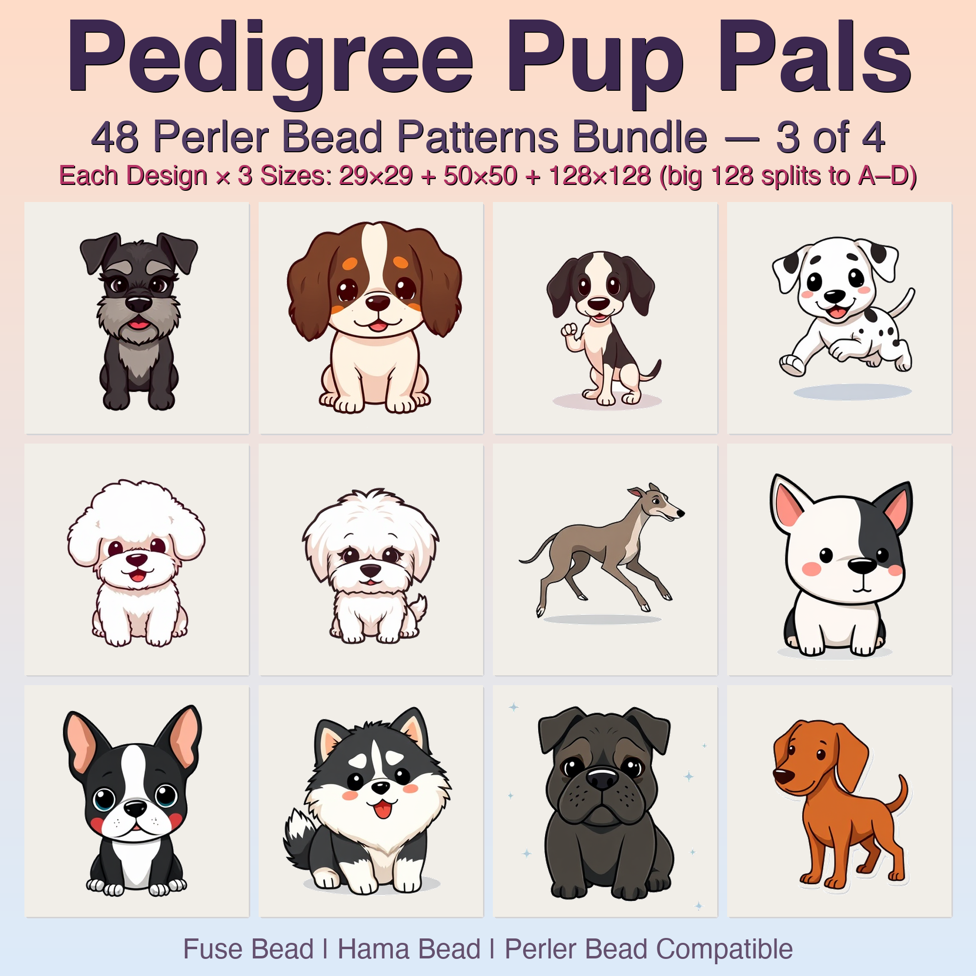 Pedigree Pup Pals Perler Bead Patterns, 48 Designs x 3 Grid Sizes (29x29 + 50x50 + 128x128), Fuse Bead PDF Digital Download