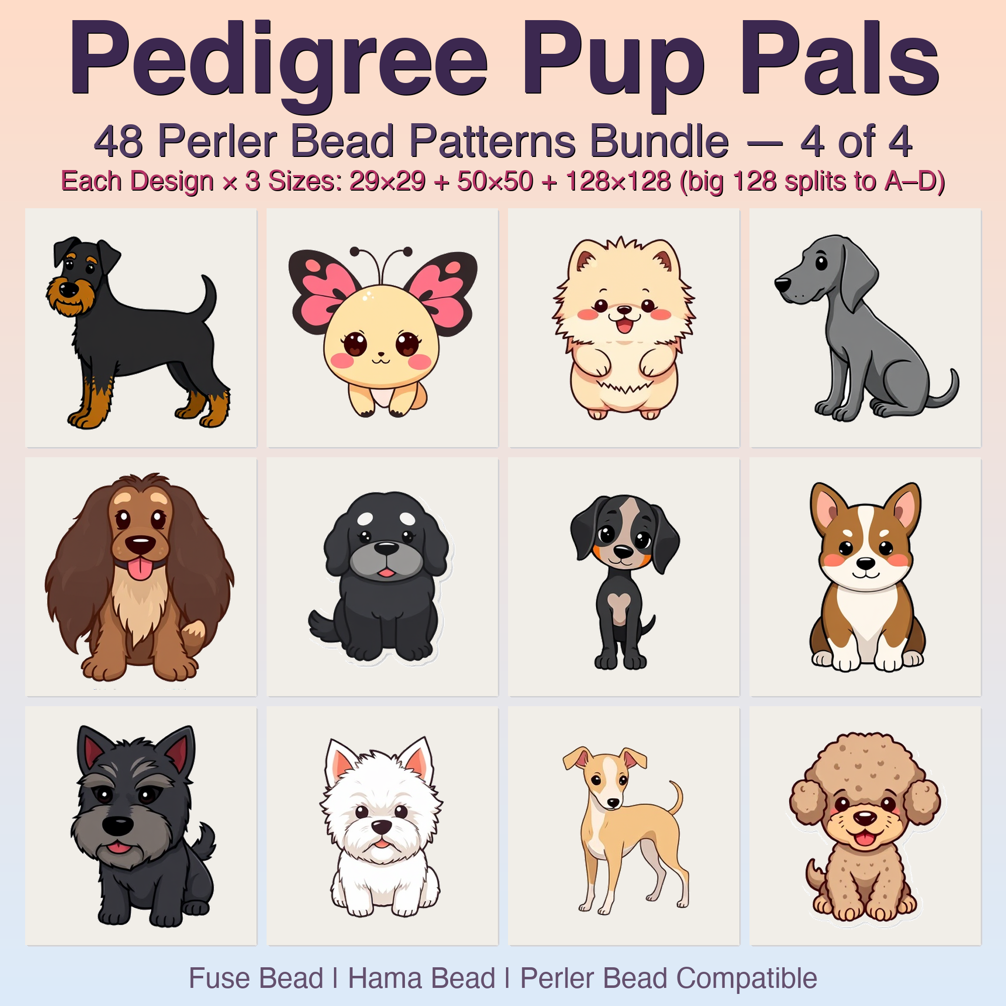 Pedigree Pup Pals Perler Bead Patterns, 48 Designs x 3 Grid Sizes (29x29 + 50x50 + 128x128), Fuse Bead PDF Digital Download