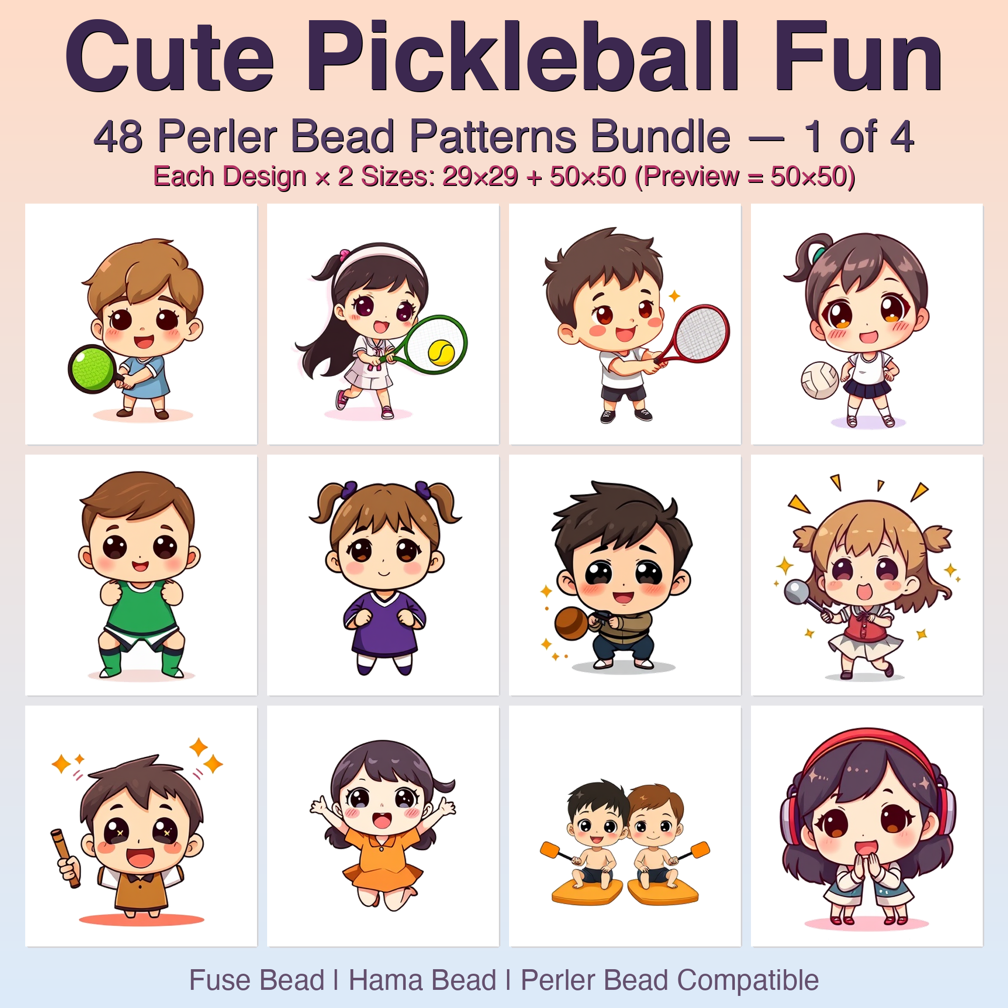 Cute Pickleball Fun Perler Bead Patterns Bundle, 48 Designs (PDF Digital Download)
