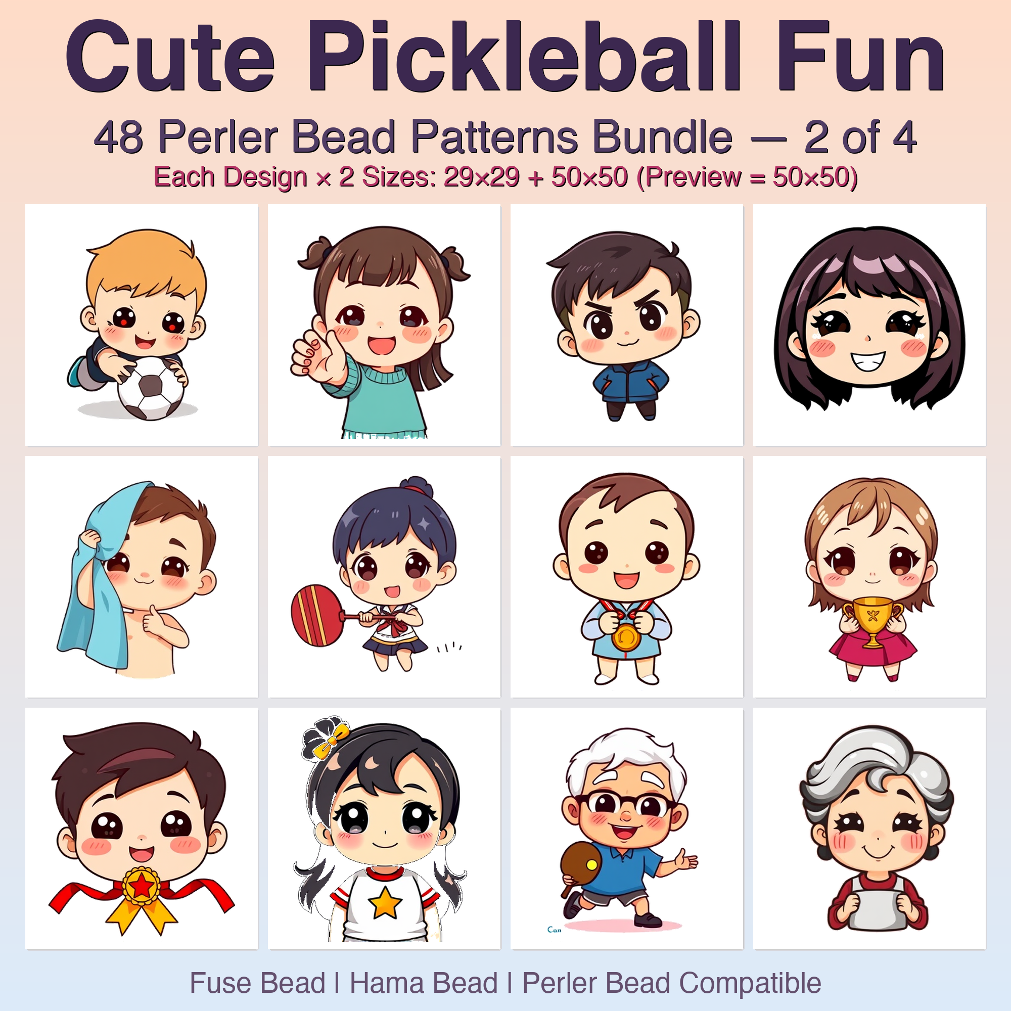Cute Pickleball Fun Perler Bead Patterns Bundle, 48 Designs (PDF Digital Download)