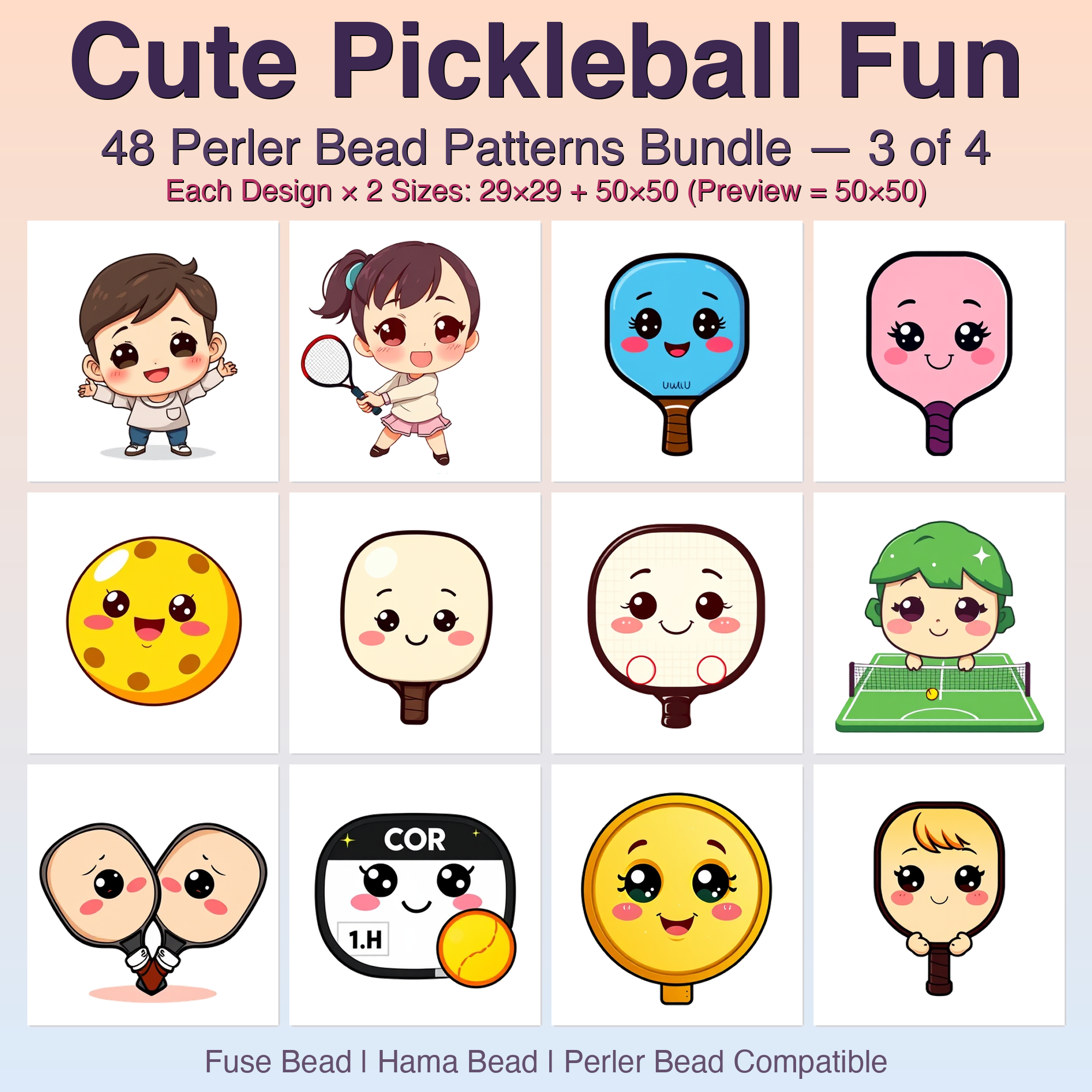 Cute Pickleball Fun Perler Bead Patterns Bundle, 48 Designs (PDF Digital Download)