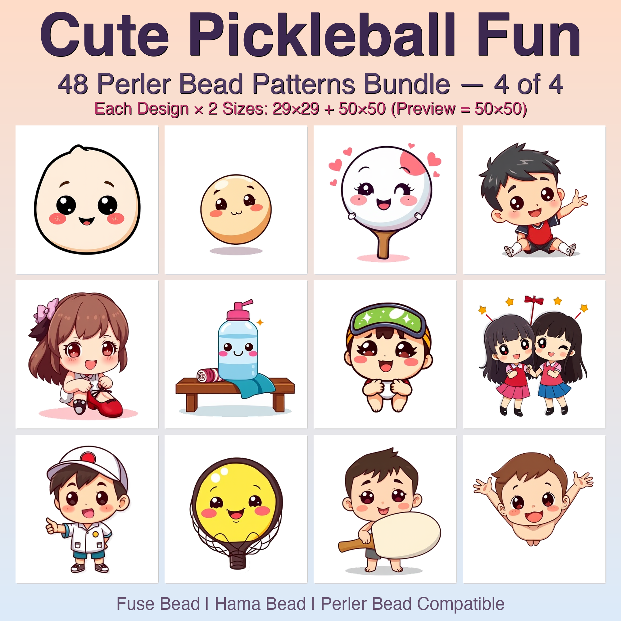 Cute Pickleball Fun Perler Bead Patterns Bundle, 48 Designs (PDF Digital Download)