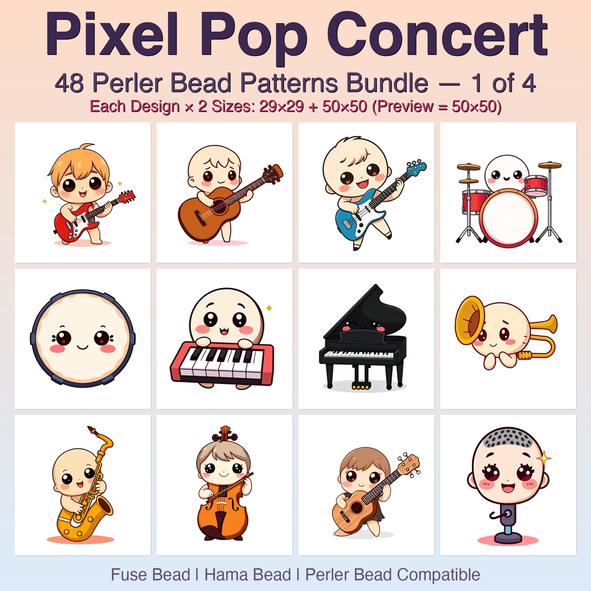 Pixel Pop Concert Perler Bead Patterns Bundle, 48 Designs (PDF Digital Download)