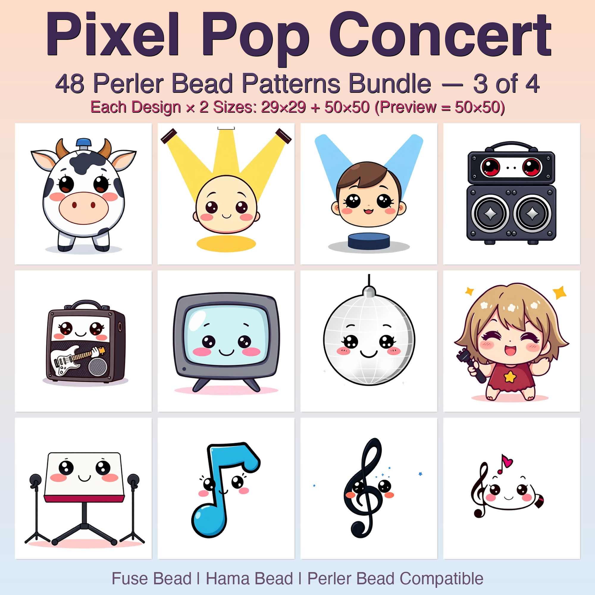 Pixel Pop Concert Perler Bead Patterns Bundle, 48 Designs (PDF Digital Download)