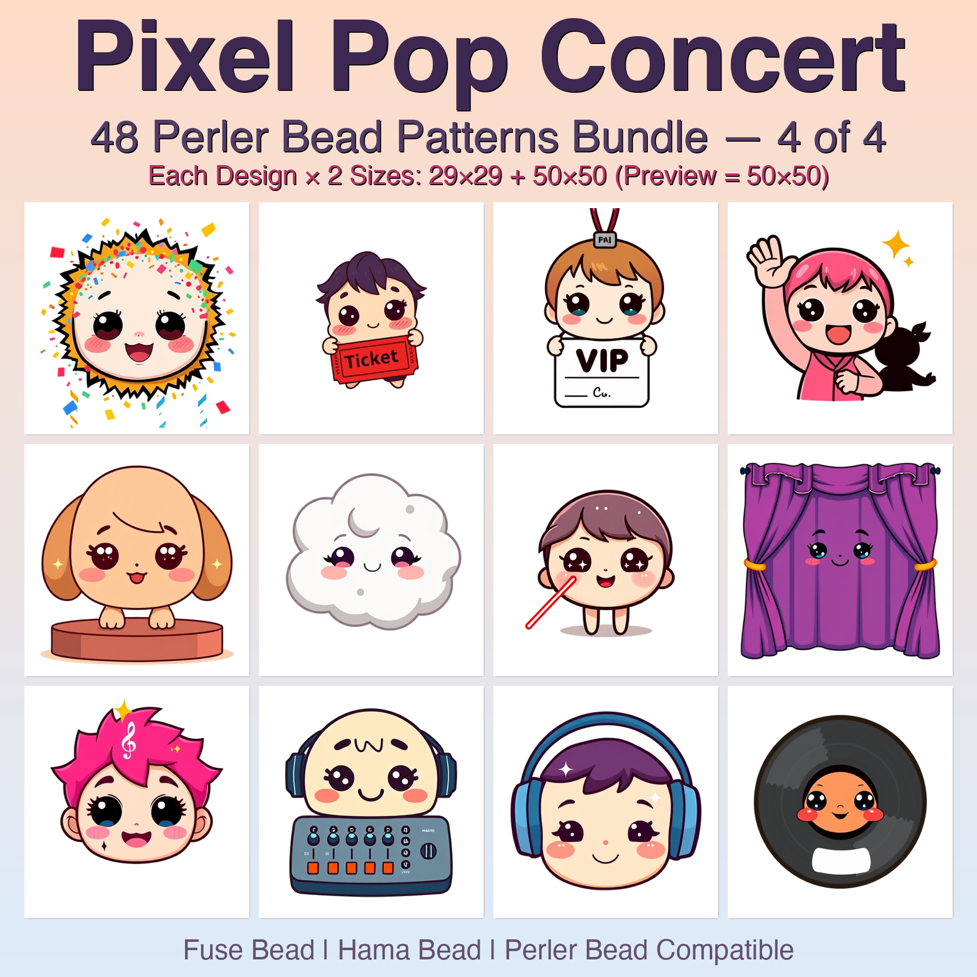 Pixel Pop Concert Perler Bead Patterns Bundle, 48 Designs (PDF Digital Download)