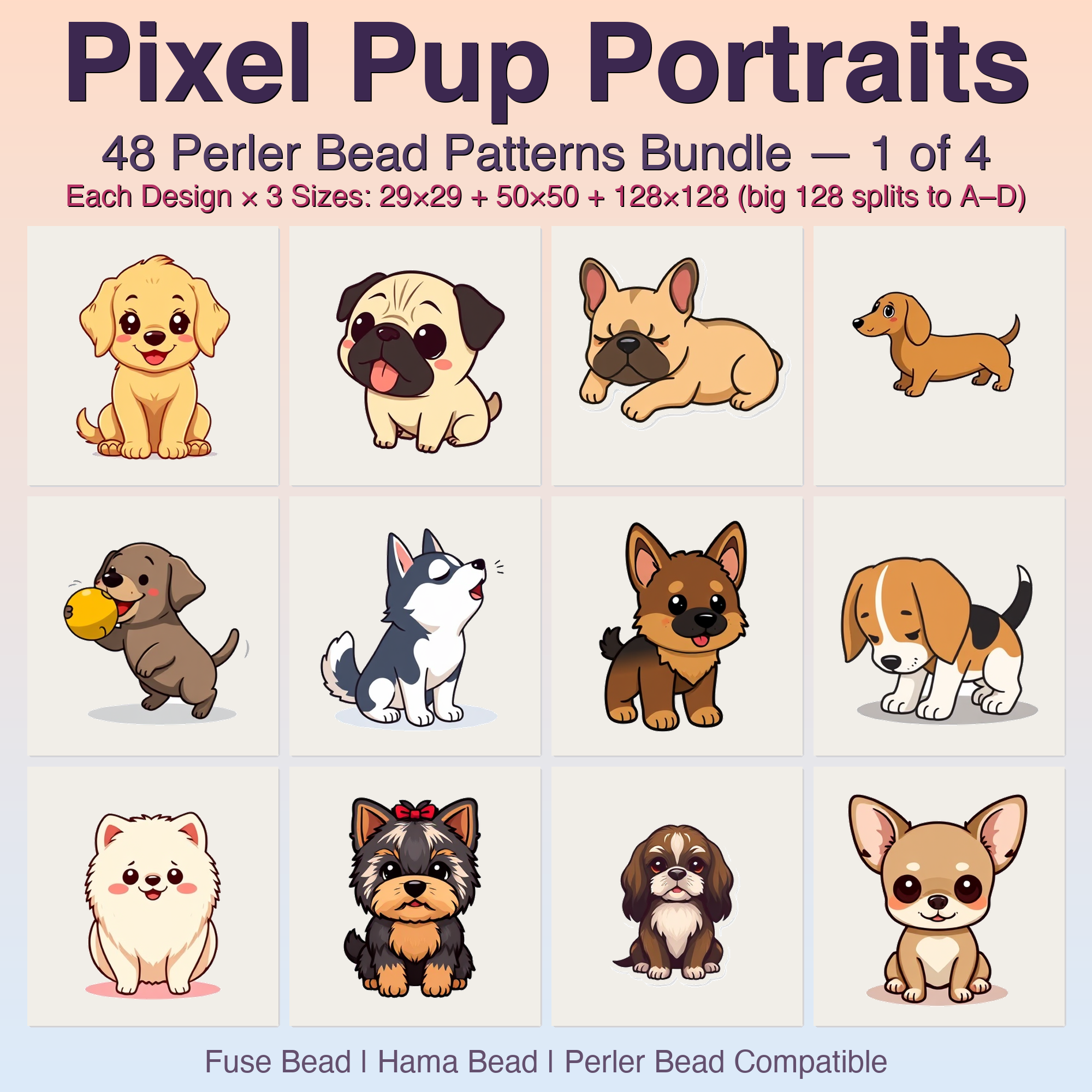 Pixel Pup Portraits Perler Bead Patterns, 48 Designs x 3 Grid Sizes (29x29 + 50x50 + 128x128), Fuse Bead PDF Digital Download